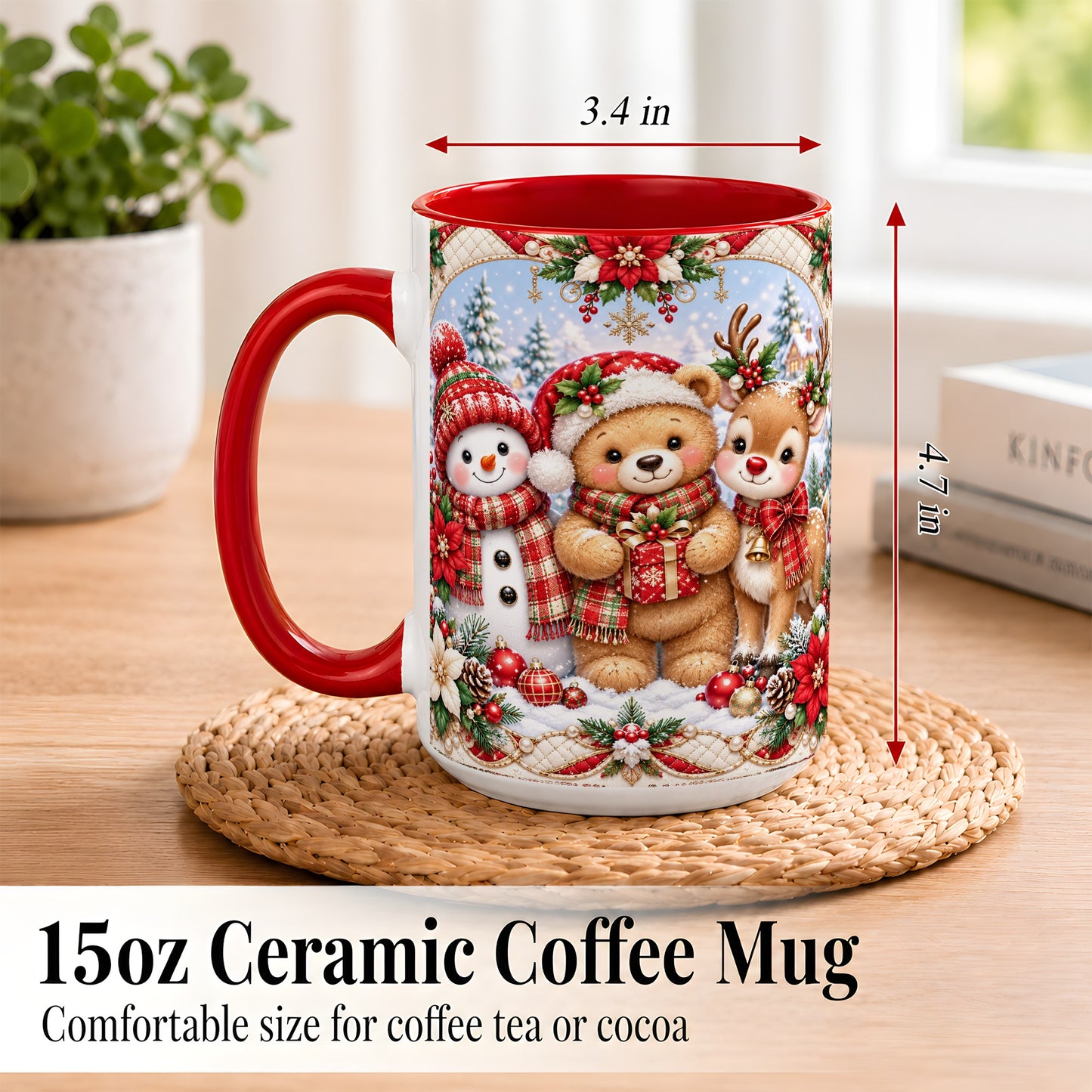 #pl[15oz|Red] Winter Friends Coffee Mug, Snowman Reindeer Mug, Ceramic Cup