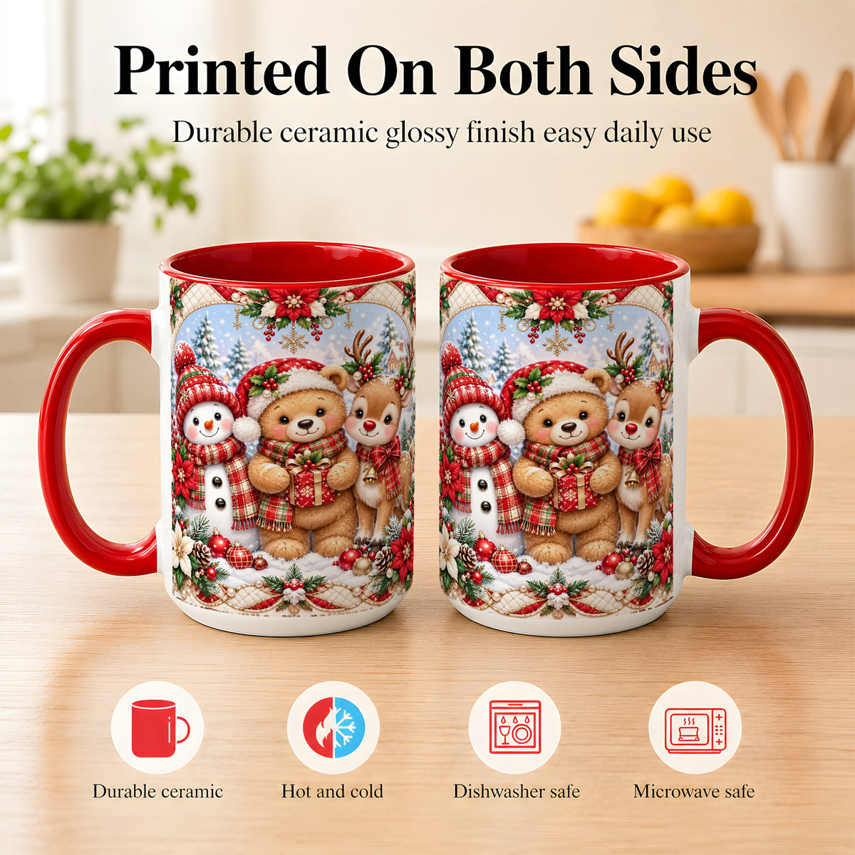 #pl[15oz|Red] Winter Friends Coffee Mug, Snowman Reindeer Mug, Ceramic Cup