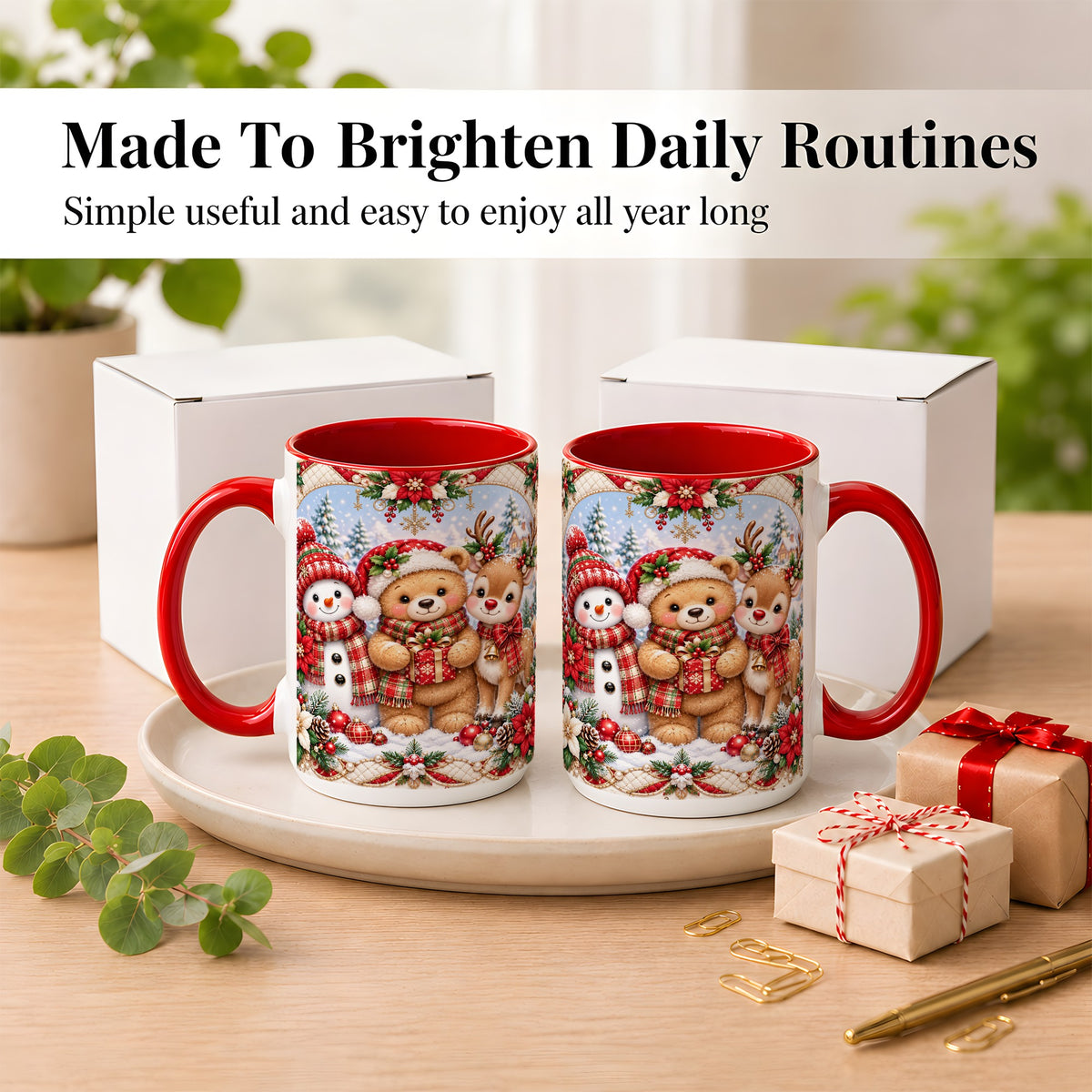 #pl[15oz|Red] Winter Friends Coffee Mug, Snowman Reindeer Mug, Ceramic Cup