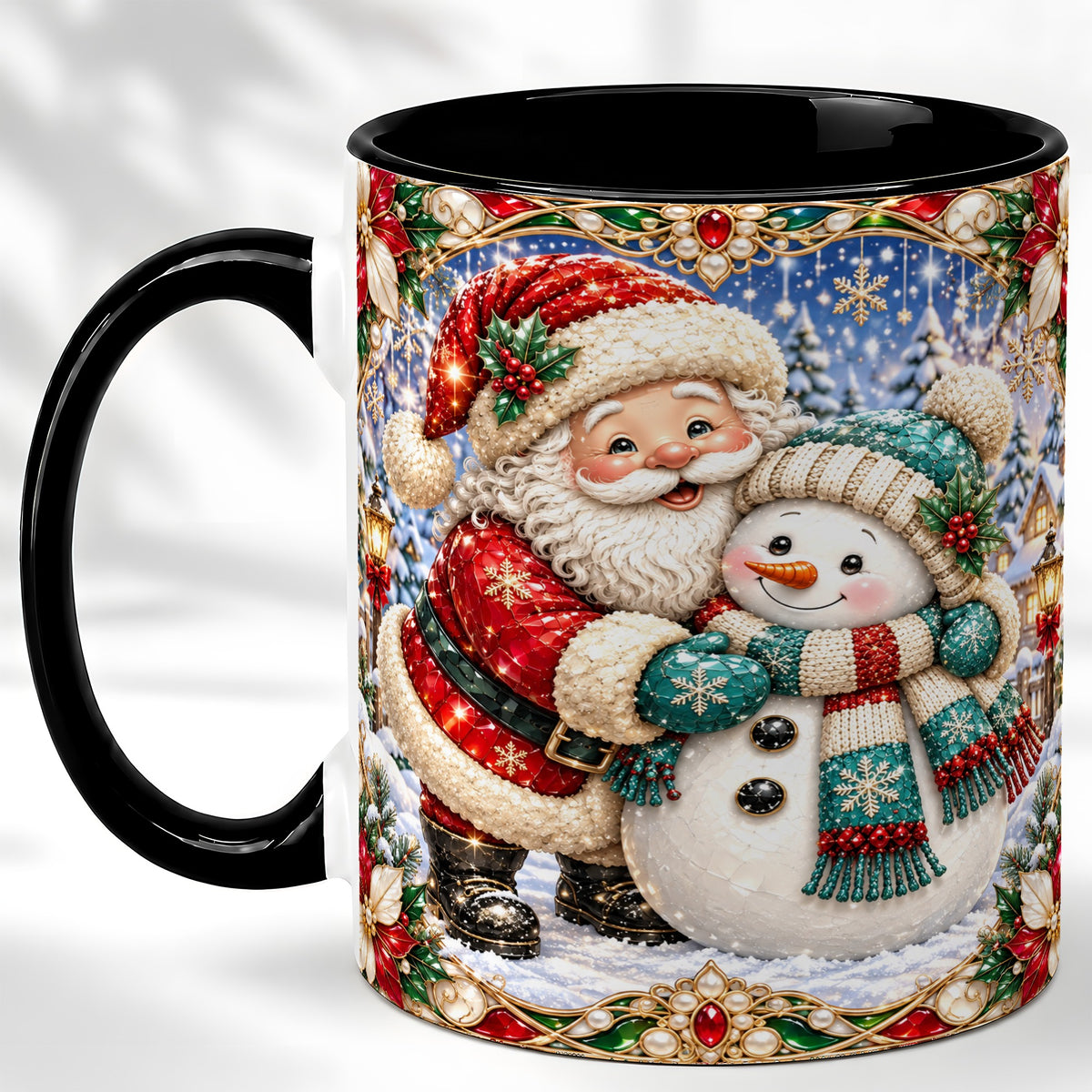 #pl[11oz|Black] Santa Snowman Coffee Mug, Christmas Village Mug, Ceramic Cup