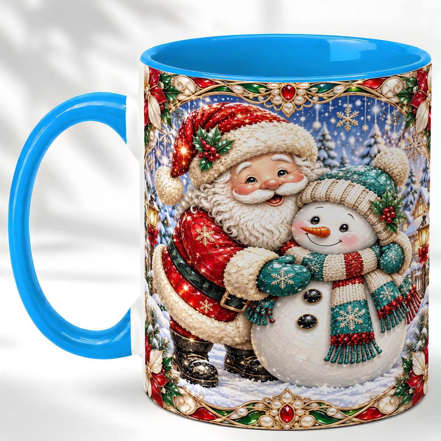 #pl[11oz|Blue] Santa Snowman Coffee Mug, Christmas Village Mug, Ceramic Cup