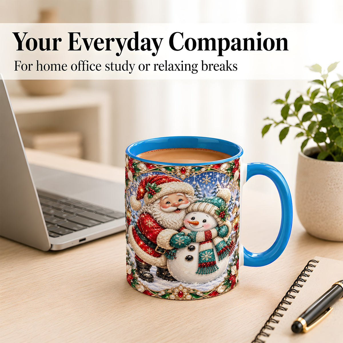 #pl[11oz|Blue] Santa Snowman Coffee Mug, Christmas Village Mug, Ceramic Cup