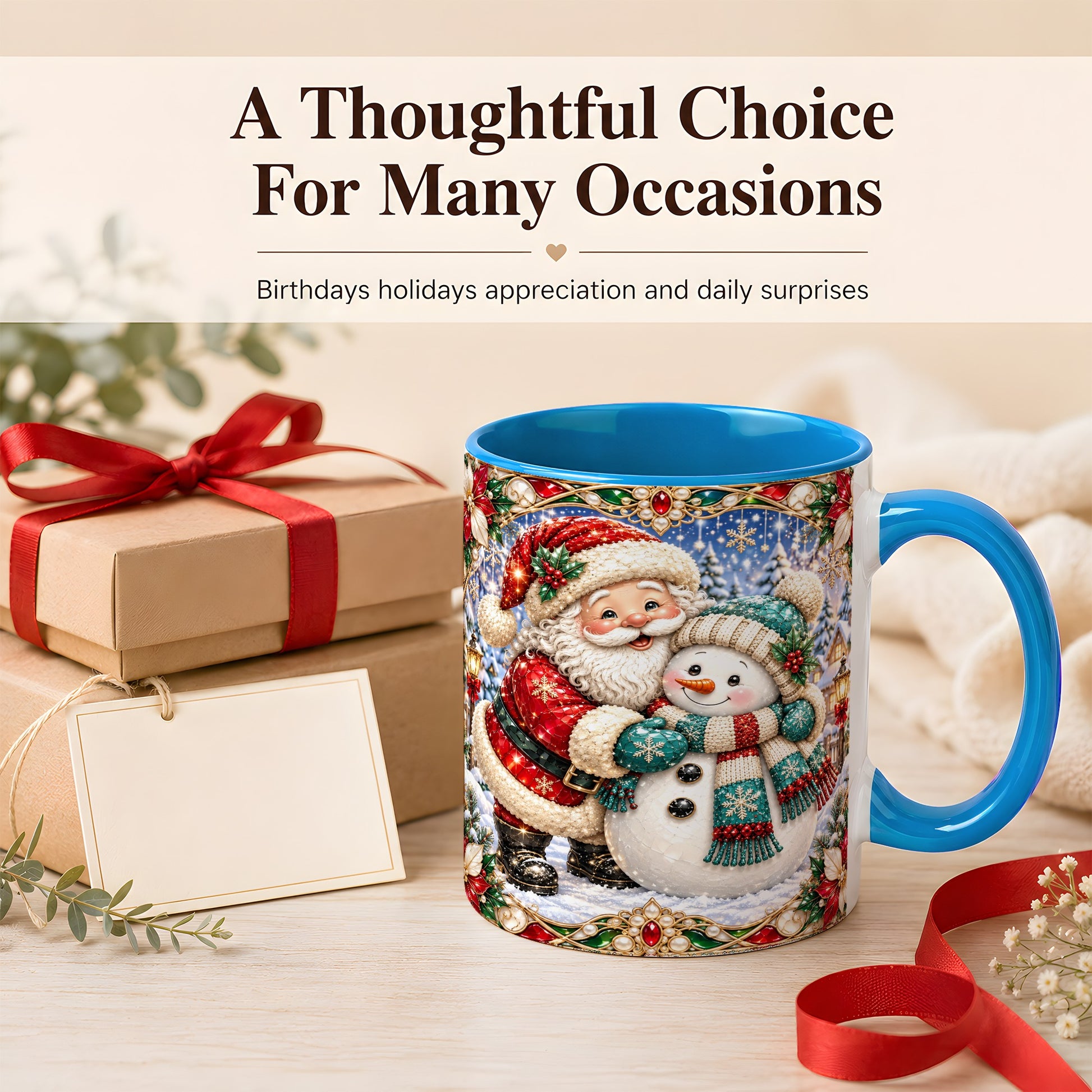 #pl[11oz|Blue] Santa Snowman Coffee Mug, Christmas Village Mug, Ceramic Cup