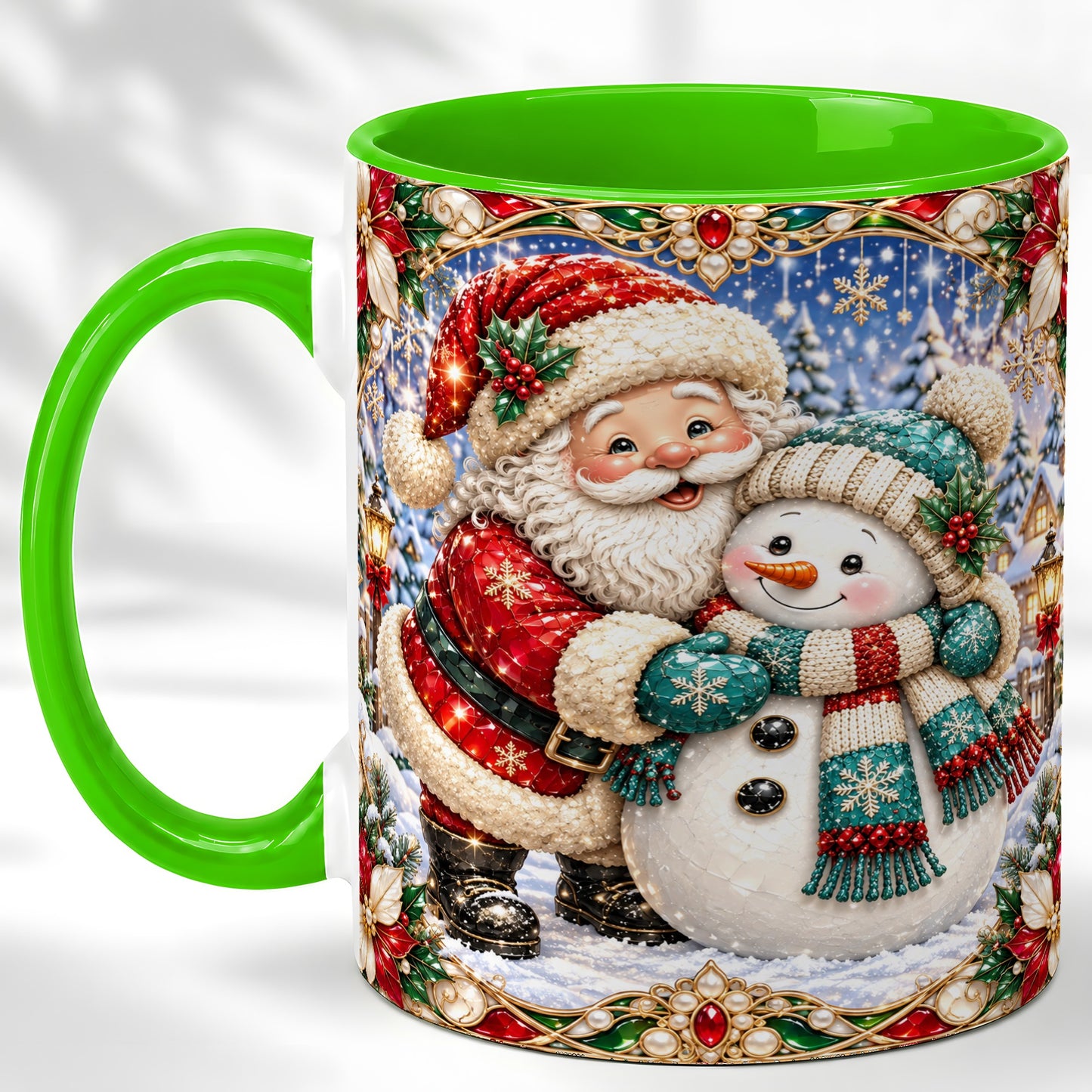 #pl[11oz|Green] Santa Snowman Coffee Mug, Christmas Village Mug, Ceramic Cup