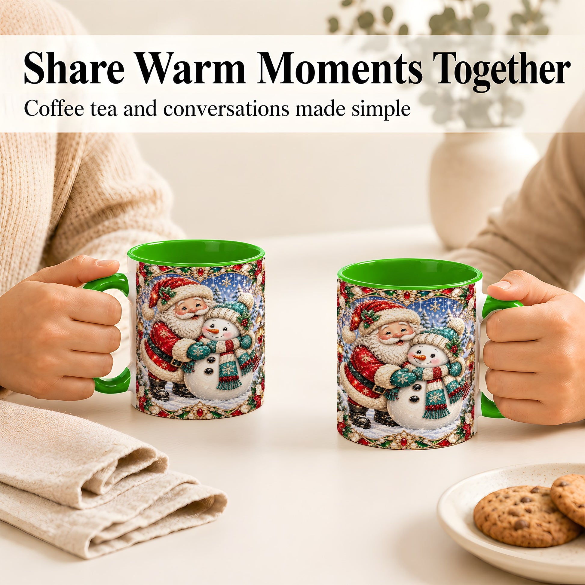 #pl[11oz|Green] Santa Snowman Coffee Mug, Christmas Village Mug, Ceramic Cup