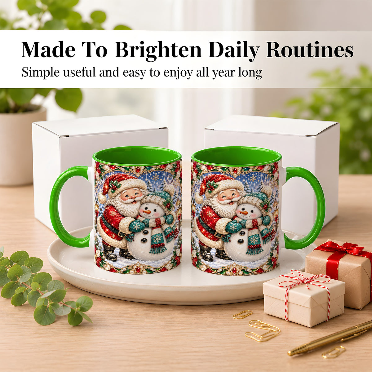 #pl[11oz|Green] Santa Snowman Coffee Mug, Christmas Village Mug, Ceramic Cup
