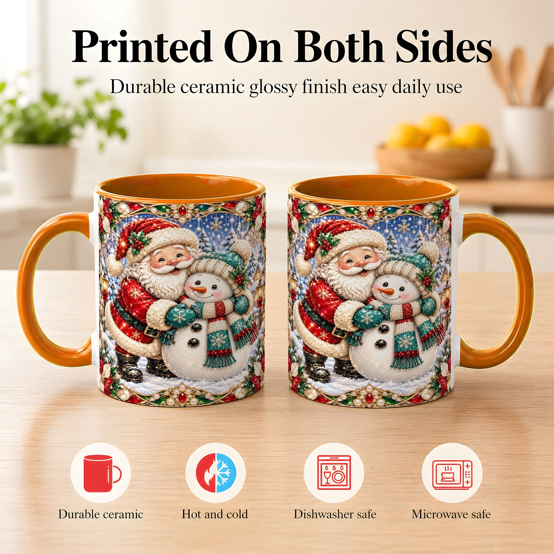 #pl[11oz|Orange] Santa Snowman Coffee Mug, Christmas Village Mug, Ceramic Cup