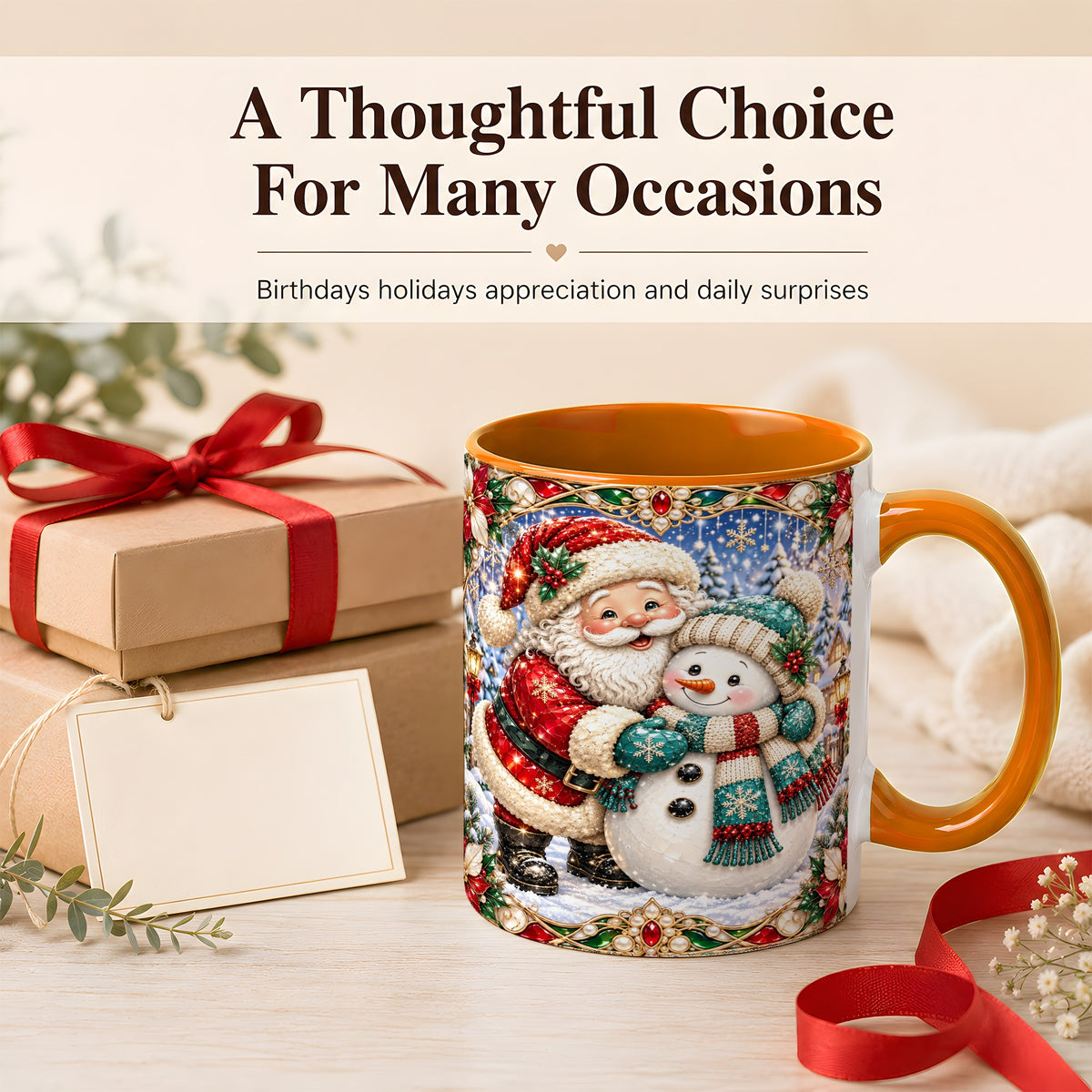 #pl[11oz|Orange] Santa Snowman Coffee Mug, Christmas Village Mug, Ceramic Cup