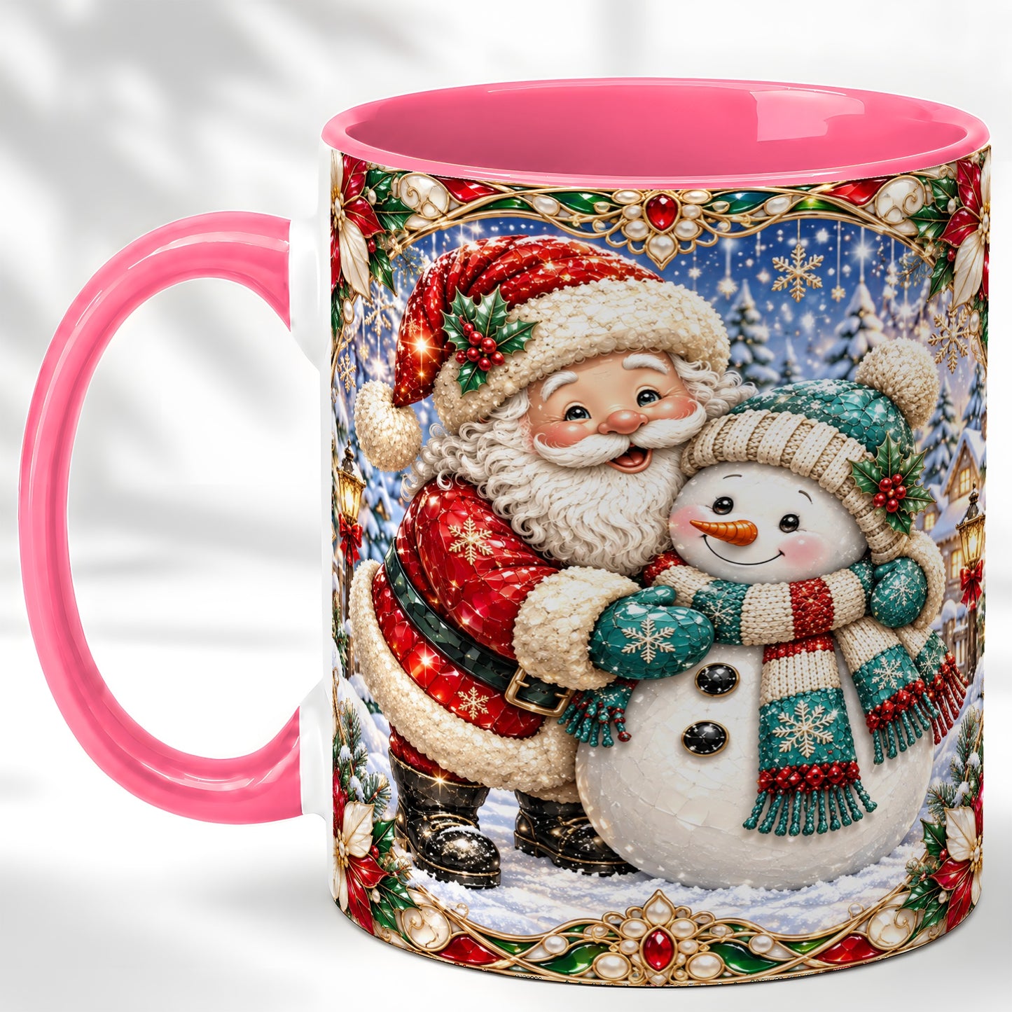 #pl[11oz|Pink] Santa Snowman Coffee Mug, Christmas Village Mug, Ceramic Cup