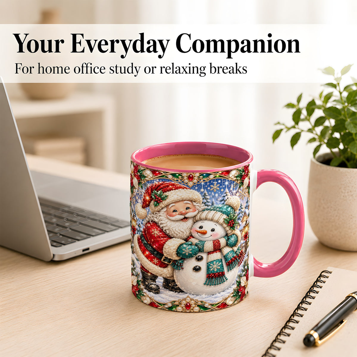 #pl[11oz|Pink] Santa Snowman Coffee Mug, Christmas Village Mug, Ceramic Cup