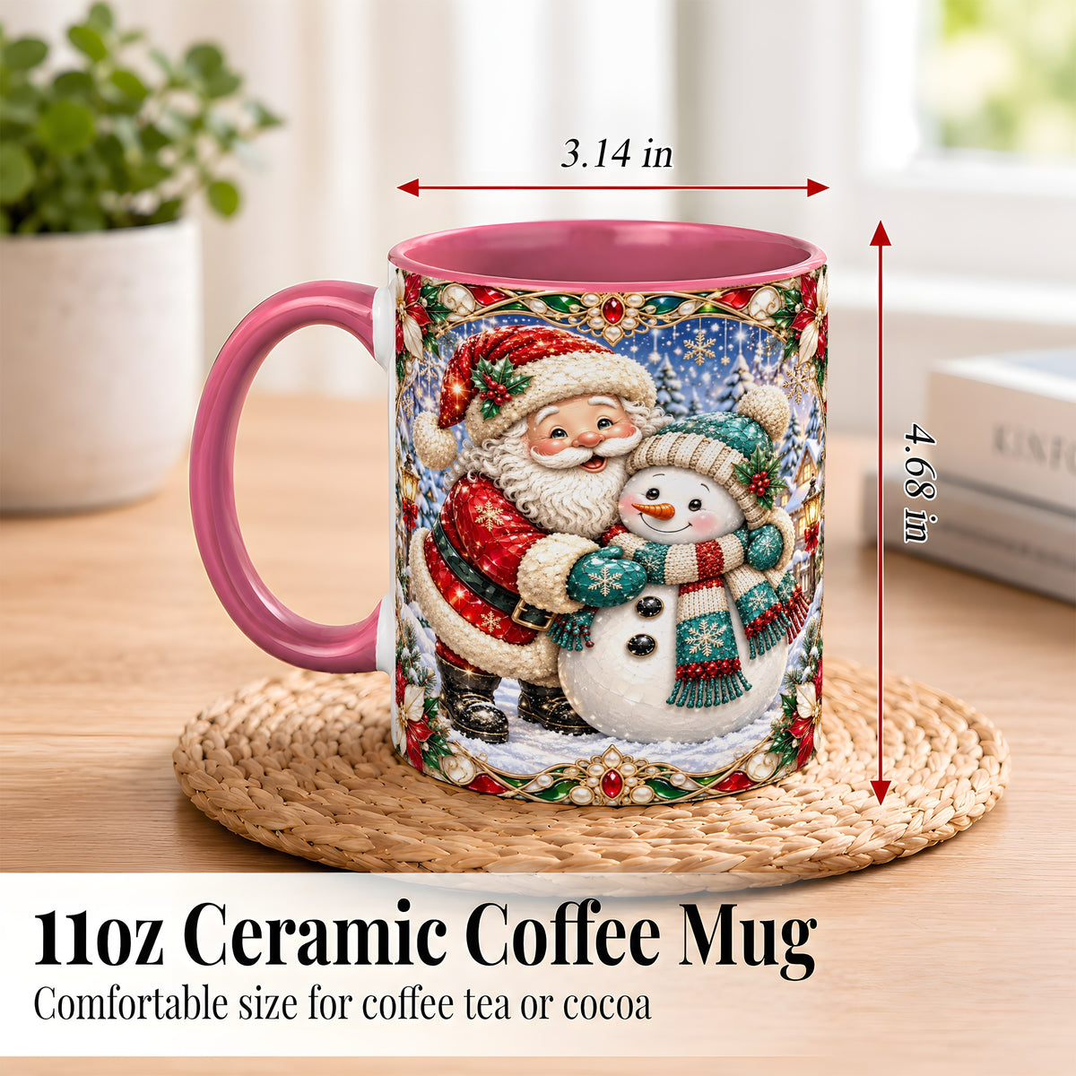 #pl[11oz|Pink] Santa Snowman Coffee Mug, Christmas Village Mug, Ceramic Cup