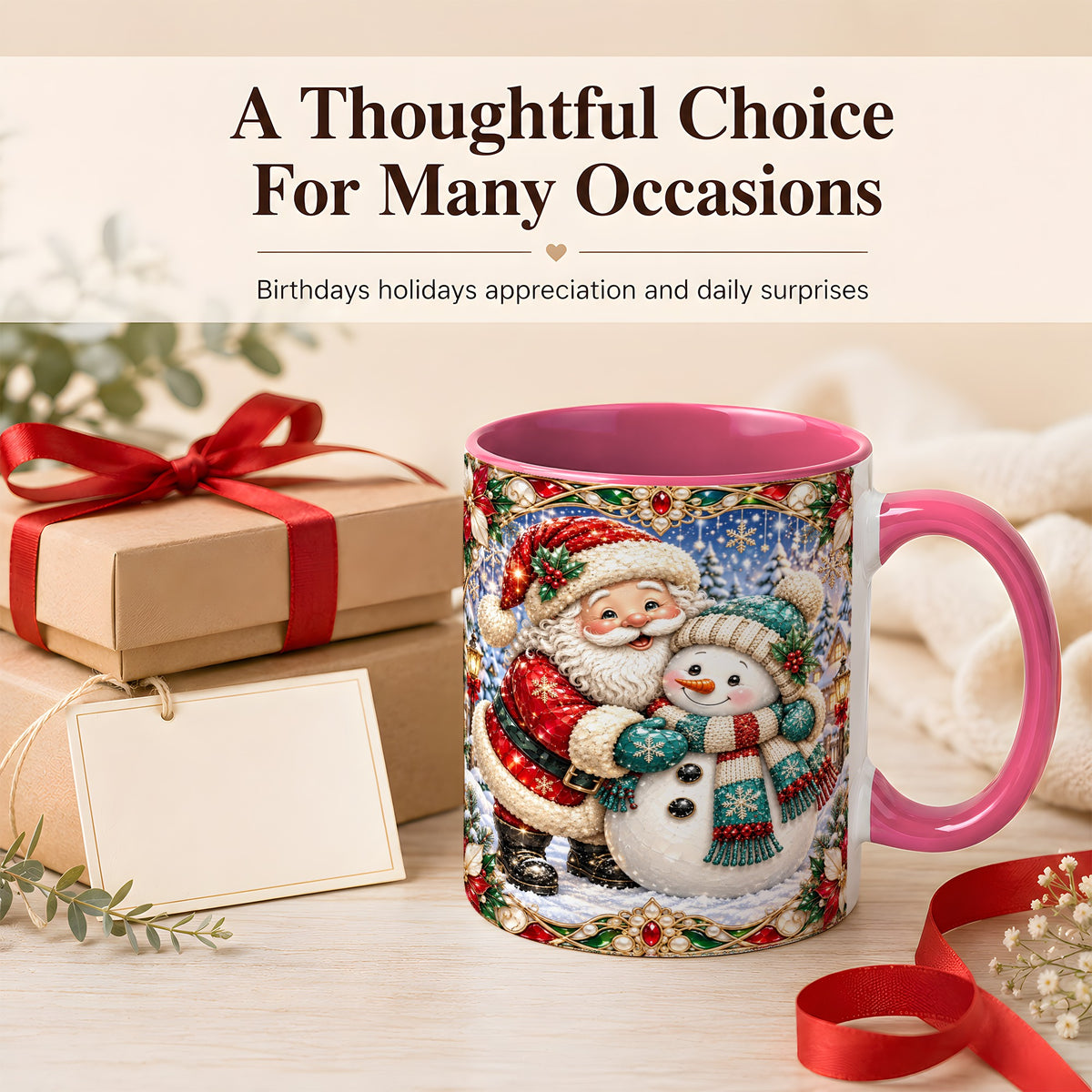 #pl[11oz|Pink] Santa Snowman Coffee Mug, Christmas Village Mug, Ceramic Cup