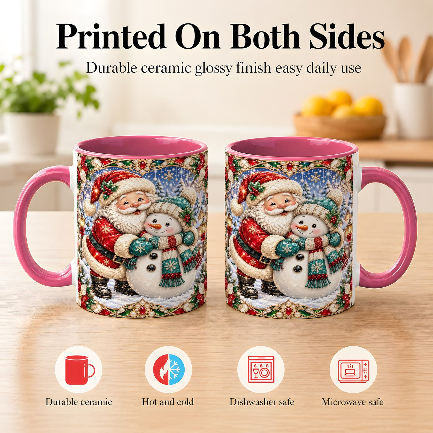 #pl[11oz|Pink] Santa Snowman Coffee Mug, Christmas Village Mug, Ceramic Cup