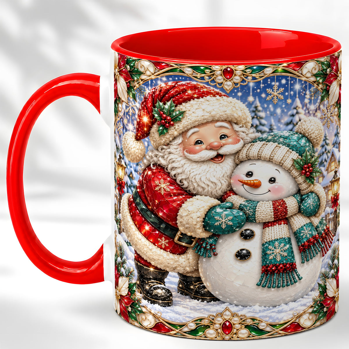Santa Snowman Coffee Mug, Christmas Village Mug, Ceramic Cup