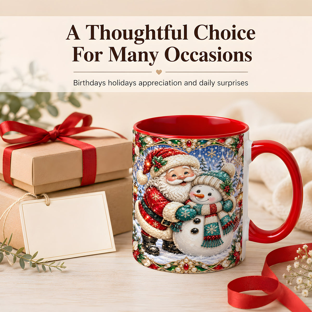 #pl[11oz|Red] Santa Snowman Coffee Mug, Christmas Village Mug, Ceramic Cup