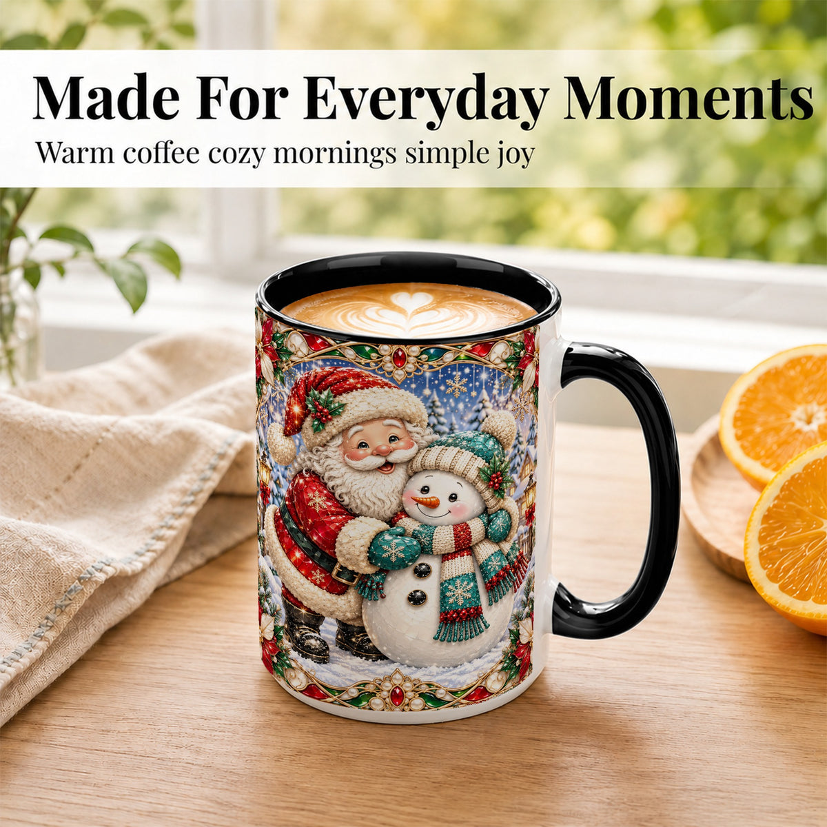 #pl[15oz|Black] Santa Snowman Coffee Mug, Christmas Village Mug, Ceramic Cup