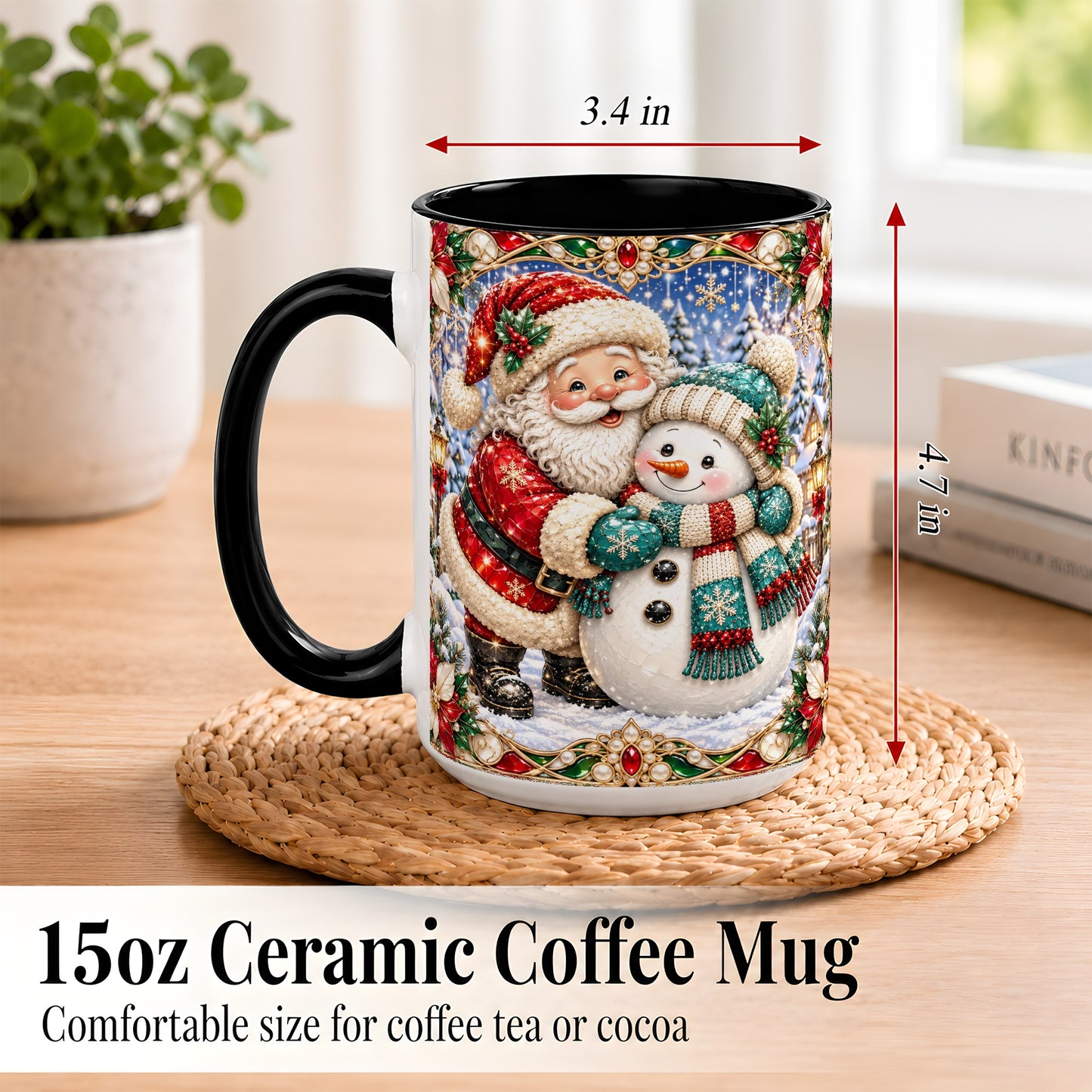 #pl[15oz|Black] Santa Snowman Coffee Mug, Christmas Village Mug, Ceramic Cup