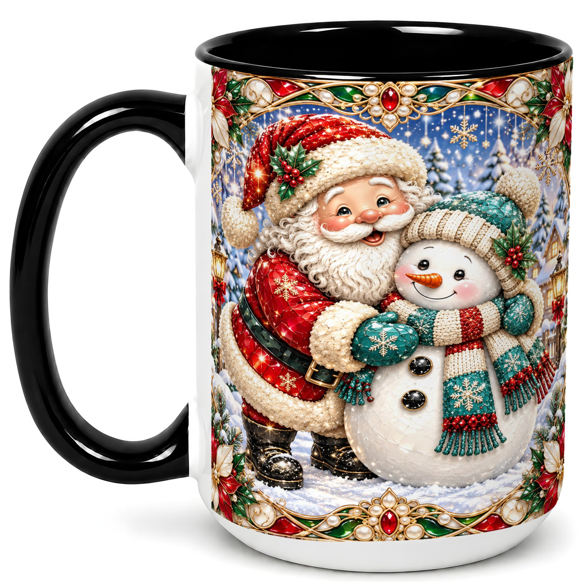 #pl[15oz|Black] Santa Snowman Coffee Mug, Christmas Village Mug, Ceramic Cup