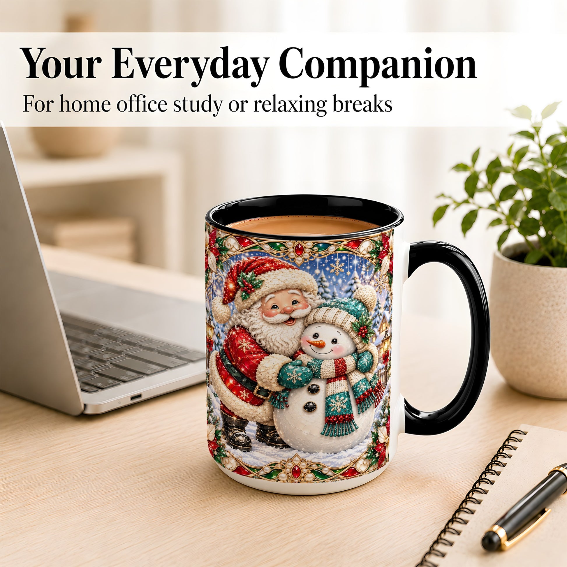 #pl[15oz|Black] Santa Snowman Coffee Mug, Christmas Village Mug, Ceramic Cup