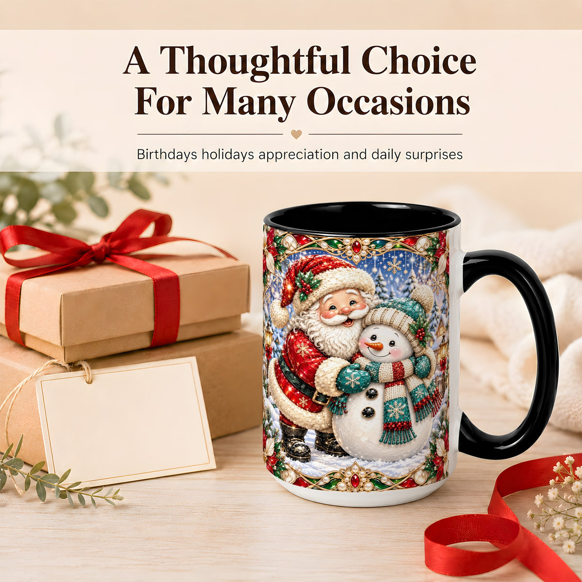 #pl[15oz|Black] Santa Snowman Coffee Mug, Christmas Village Mug, Ceramic Cup
