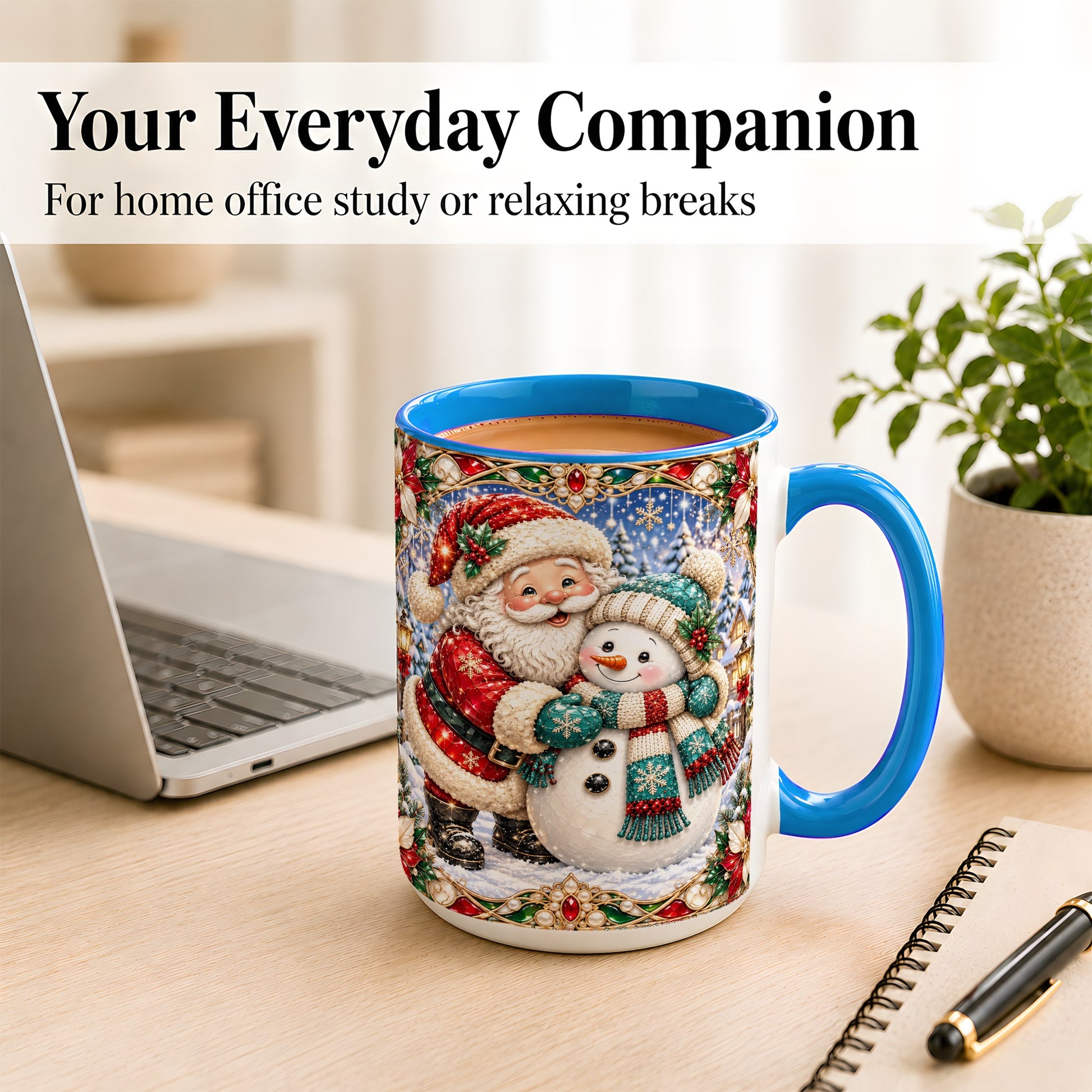#pl[15oz|Blue] Santa Snowman Coffee Mug, Christmas Village Mug, Ceramic Cup