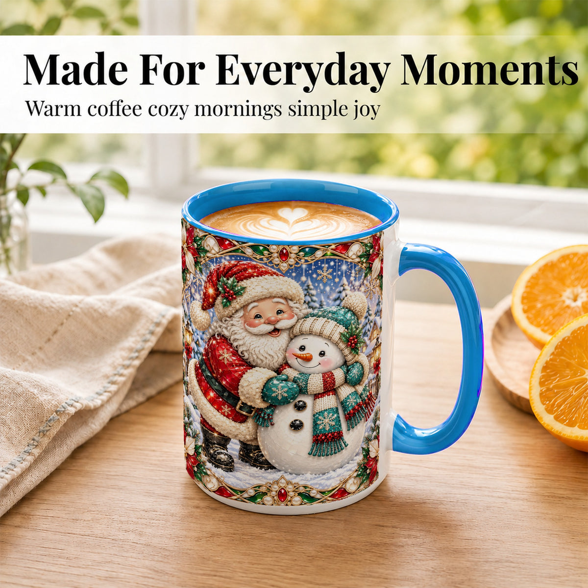 #pl[15oz|Blue] Santa Snowman Coffee Mug, Christmas Village Mug, Ceramic Cup