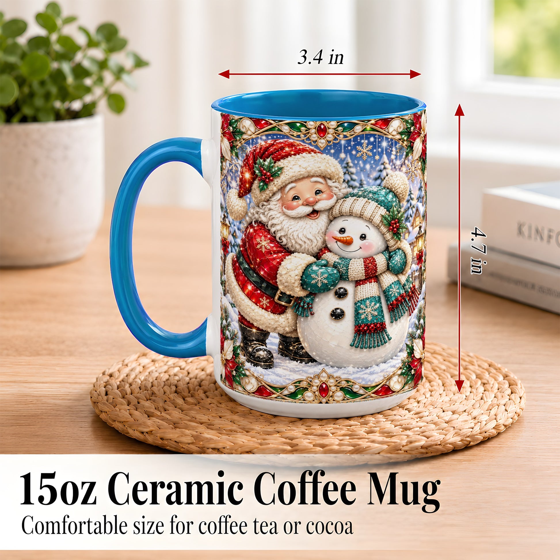 #pl[15oz|Blue] Santa Snowman Coffee Mug, Christmas Village Mug, Ceramic Cup