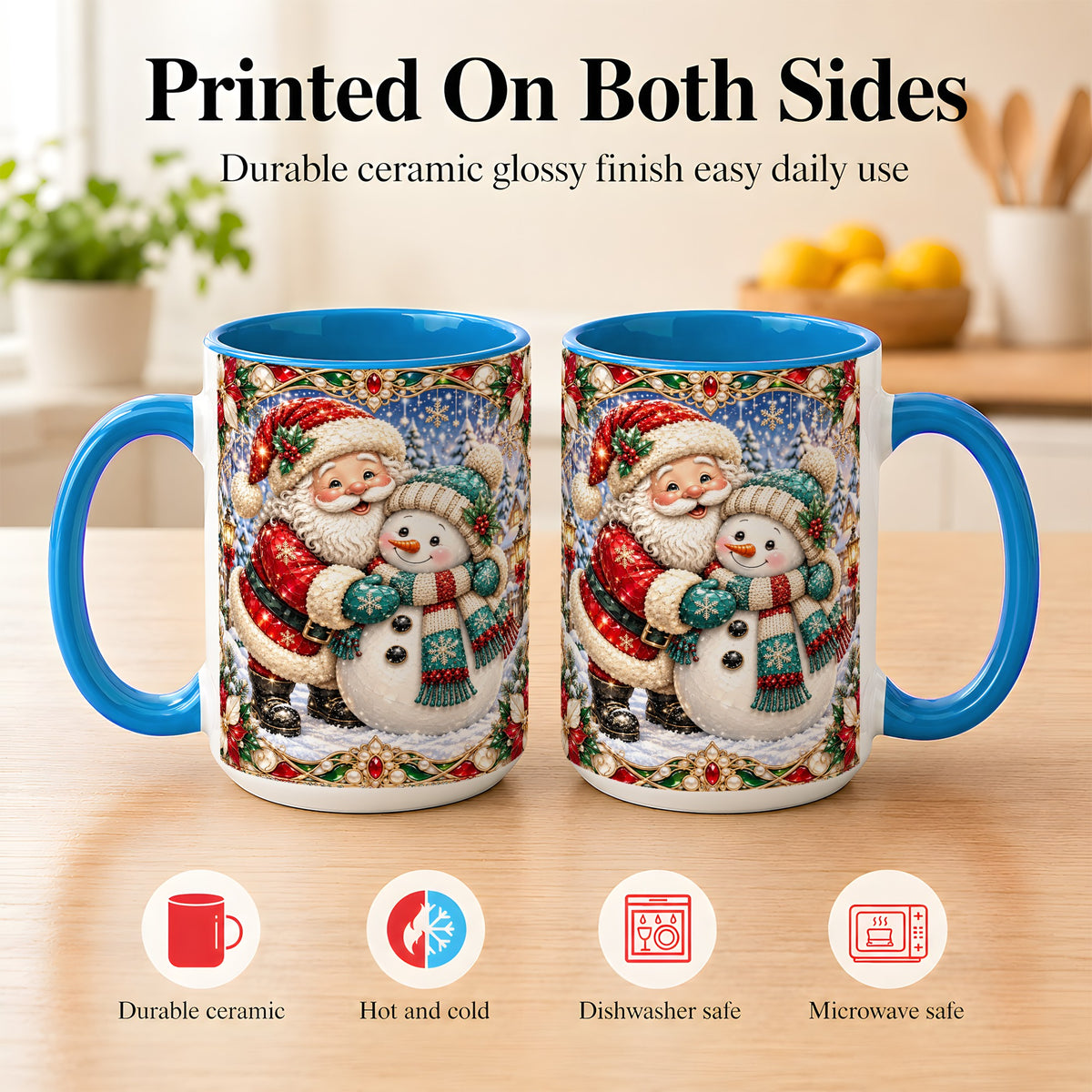 #pl[15oz|Blue] Santa Snowman Coffee Mug, Christmas Village Mug, Ceramic Cup