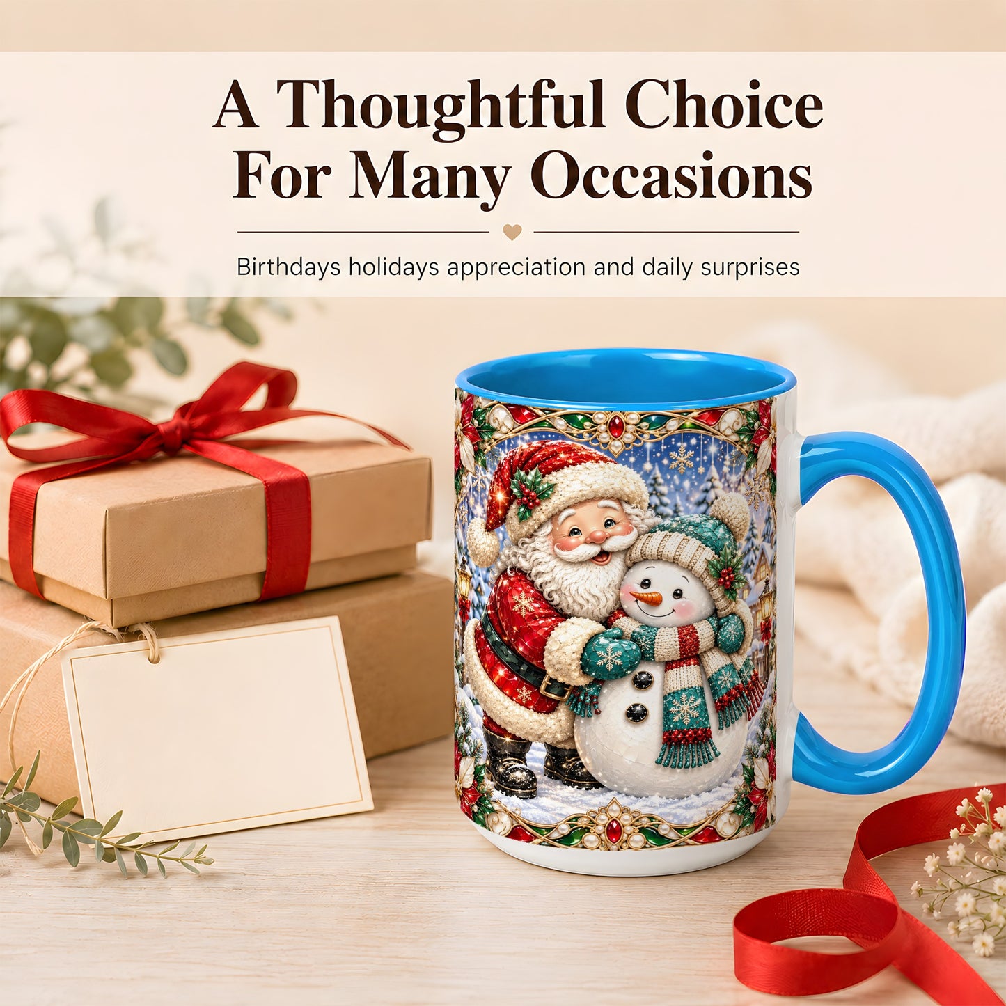 #pl[15oz|Blue] Santa Snowman Coffee Mug, Christmas Village Mug, Ceramic Cup