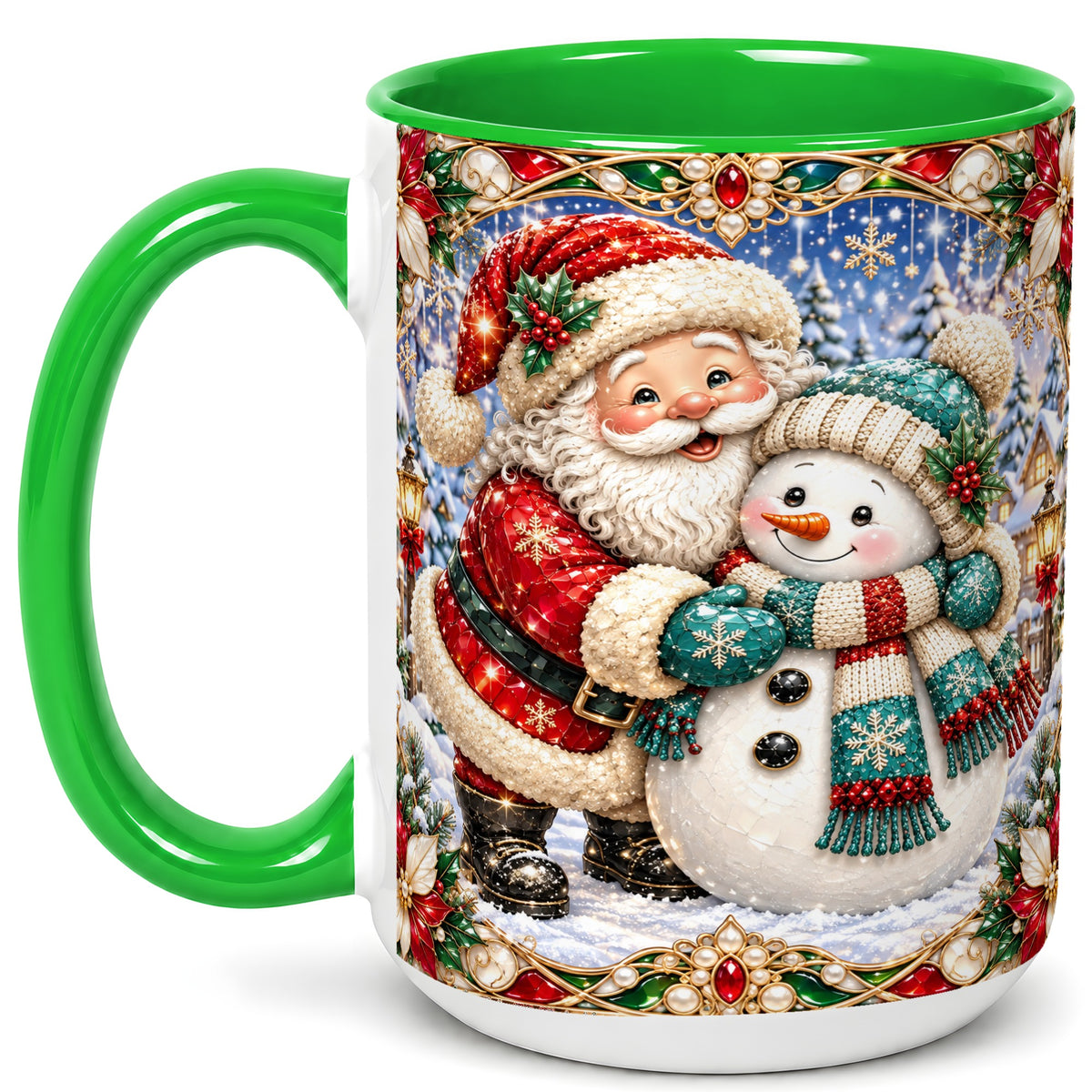 #pl[15oz|Green] Santa Snowman Coffee Mug, Christmas Village Mug, Ceramic Cup