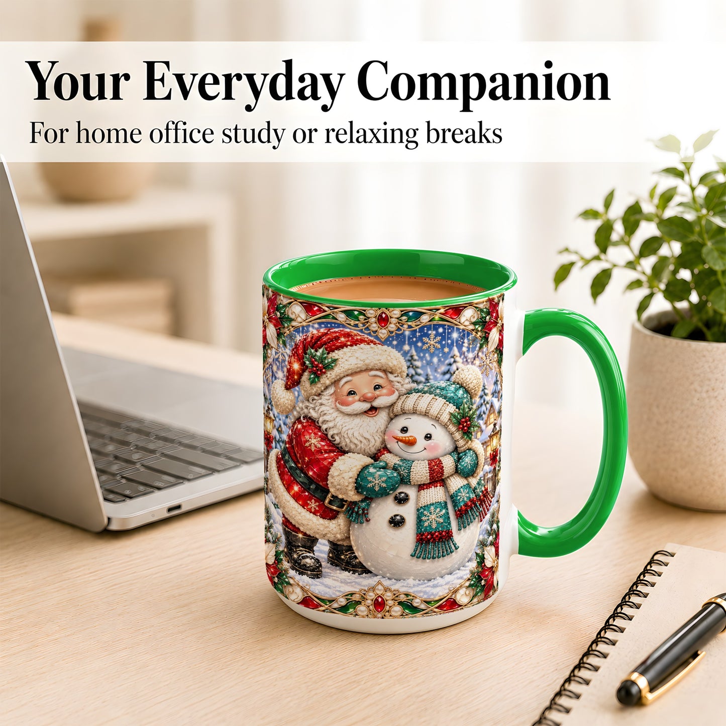 #pl[15oz|Green] Santa Snowman Coffee Mug, Christmas Village Mug, Ceramic Cup