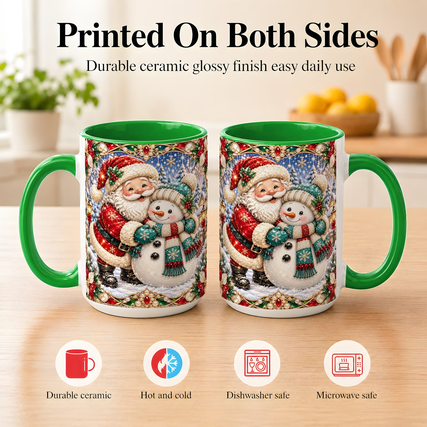 #pl[15oz|Green] Santa Snowman Coffee Mug, Christmas Village Mug, Ceramic Cup