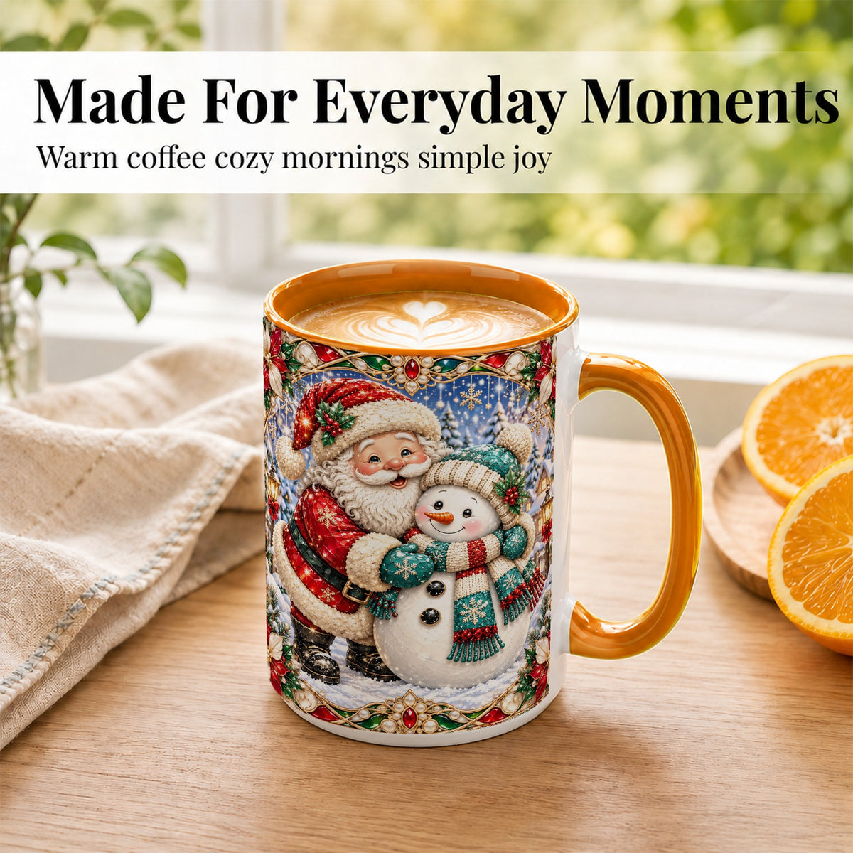 #pl[15oz|Orange] Santa Snowman Coffee Mug, Christmas Village Mug, Ceramic Cup