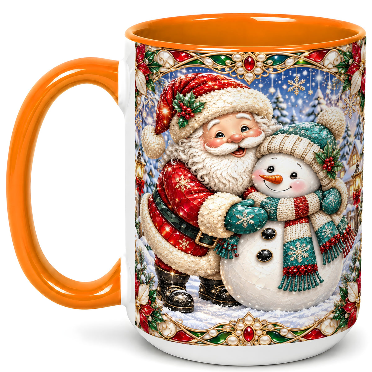 #pl[15oz|Orange] Santa Snowman Coffee Mug, Christmas Village Mug, Ceramic Cup