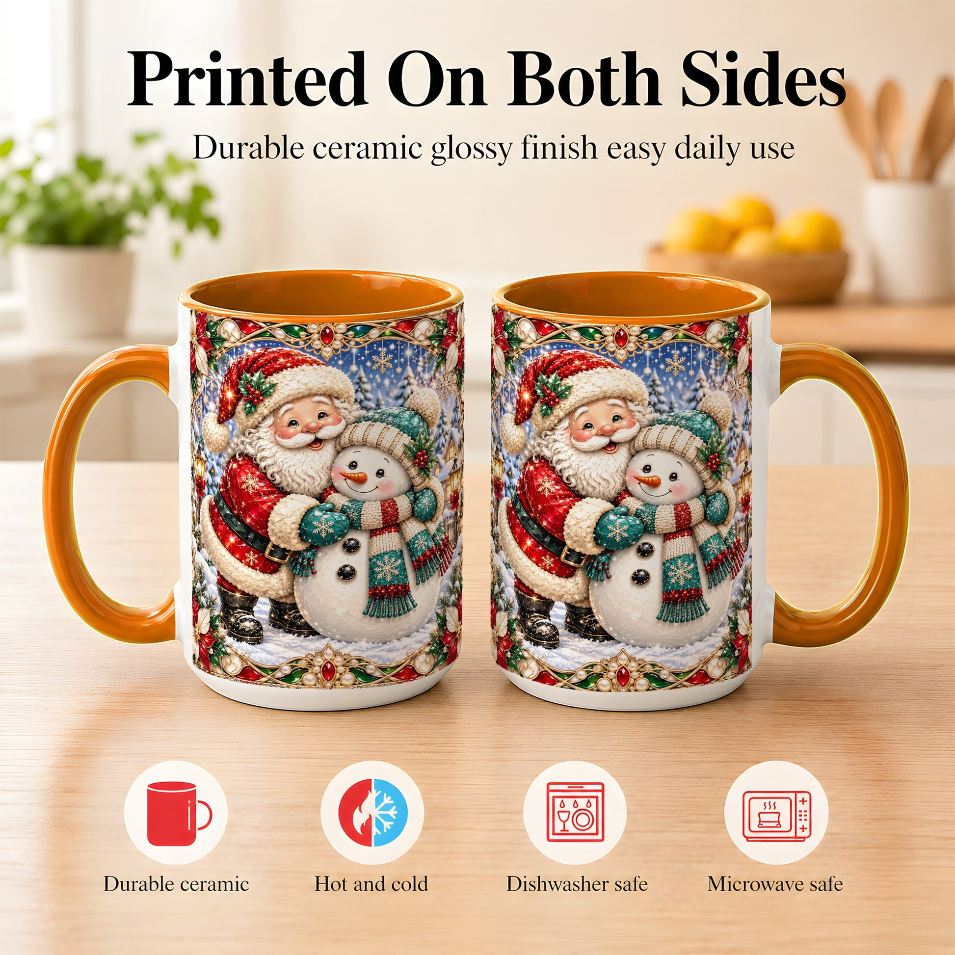 #pl[15oz|Orange] Santa Snowman Coffee Mug, Christmas Village Mug, Ceramic Cup