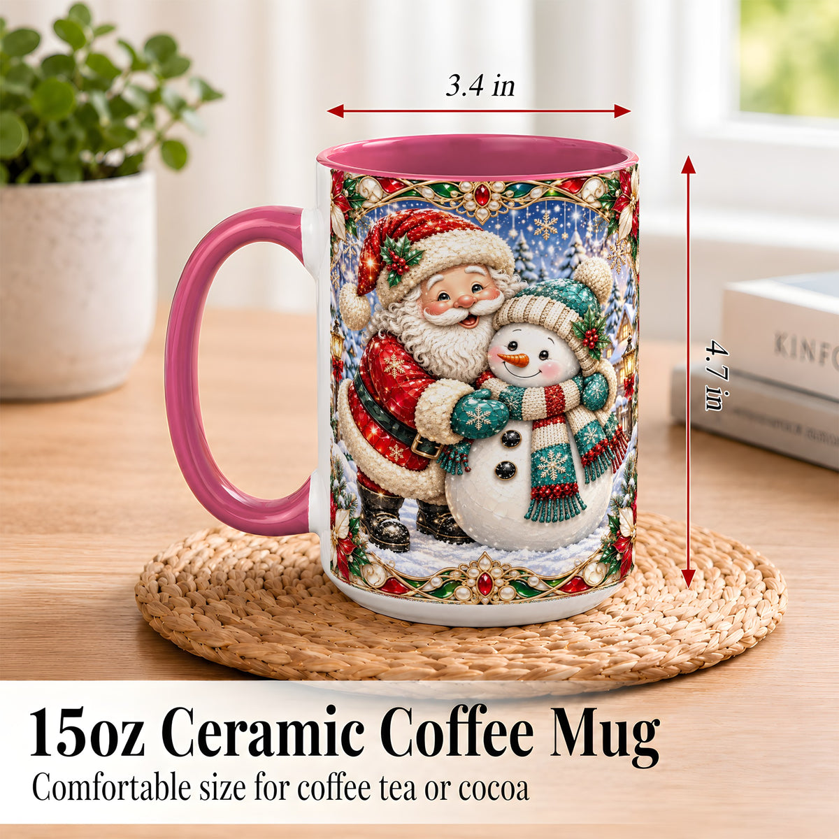 #pl[15oz|Pink] Santa Snowman Coffee Mug, Christmas Village Mug, Ceramic Cup
