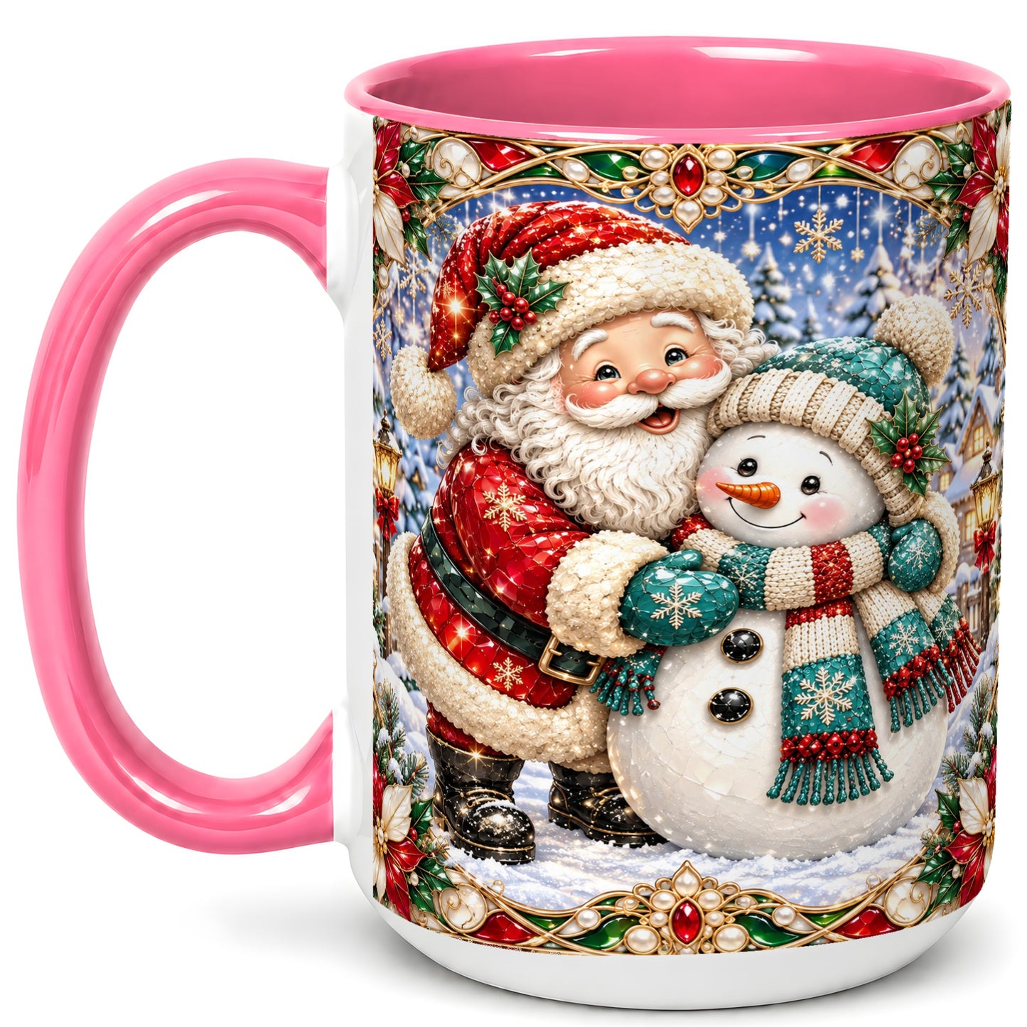 #pl[15oz|Pink] Santa Snowman Coffee Mug, Christmas Village Mug, Ceramic Cup