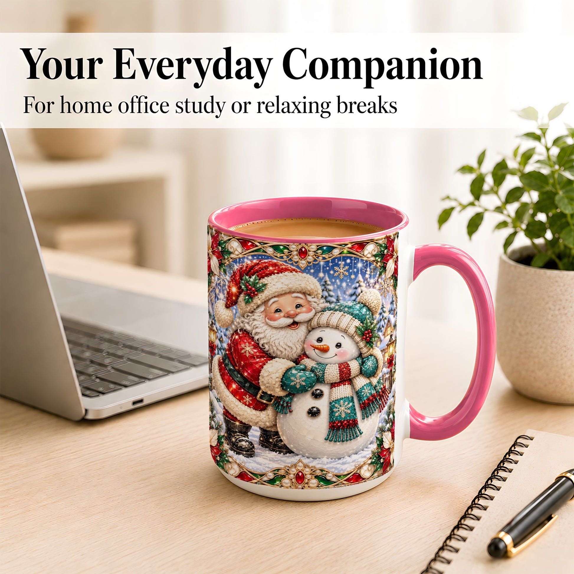 #pl[15oz|Pink] Santa Snowman Coffee Mug, Christmas Village Mug, Ceramic Cup