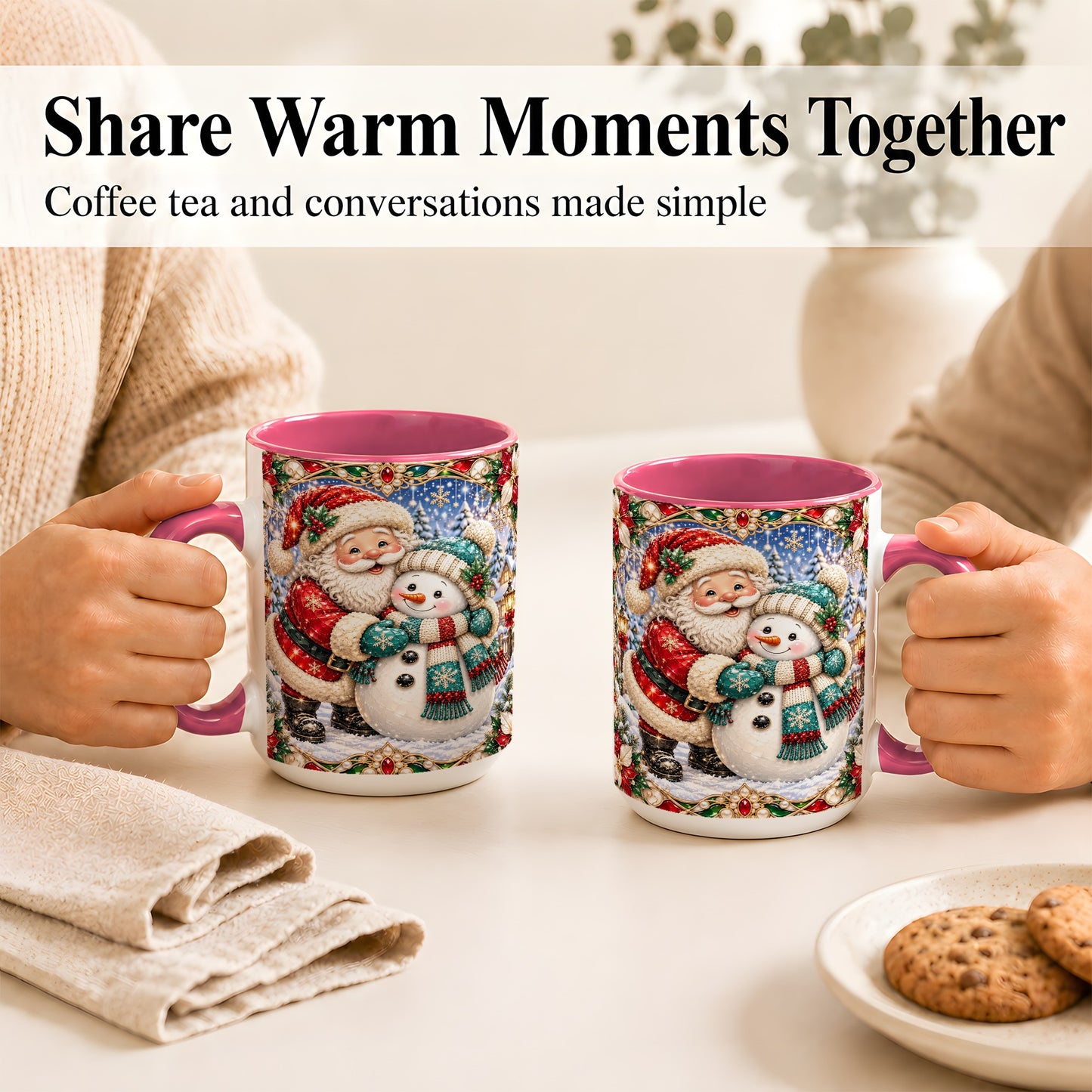 #pl[15oz|Pink] Santa Snowman Coffee Mug, Christmas Village Mug, Ceramic Cup