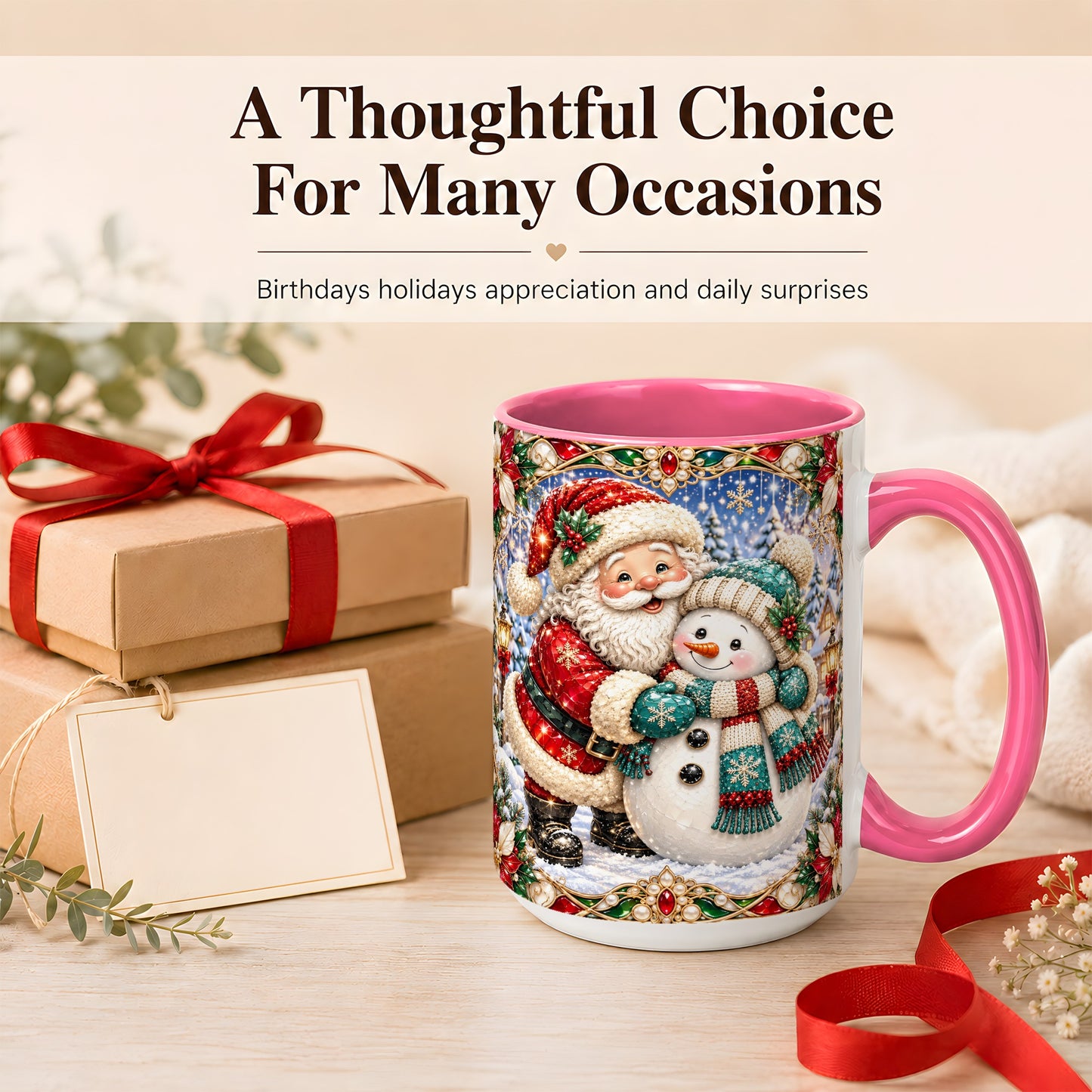 #pl[15oz|Pink] Santa Snowman Coffee Mug, Christmas Village Mug, Ceramic Cup