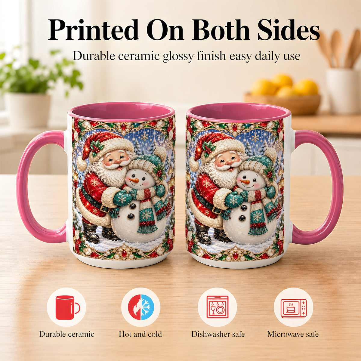 #pl[15oz|Pink] Santa Snowman Coffee Mug, Christmas Village Mug, Ceramic Cup
