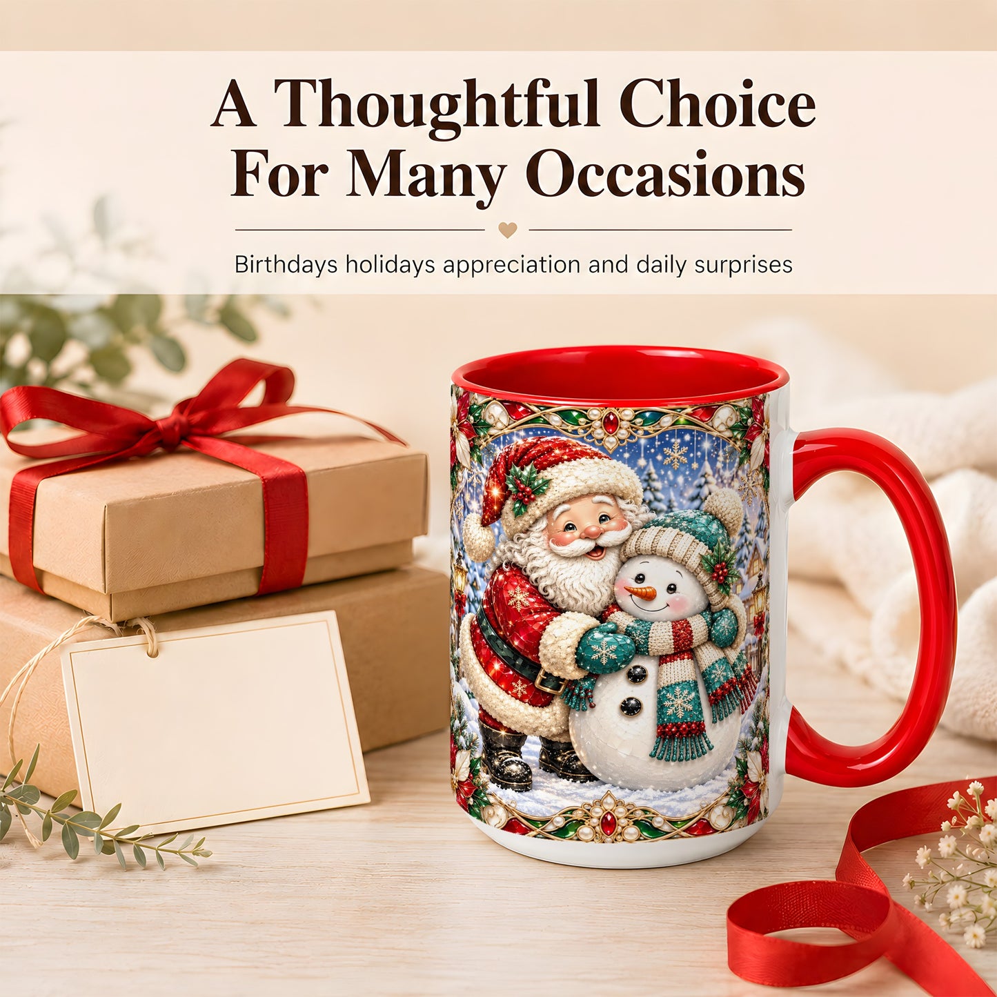 #pl[15oz|Red] Santa Snowman Coffee Mug, Christmas Village Mug, Ceramic Cup