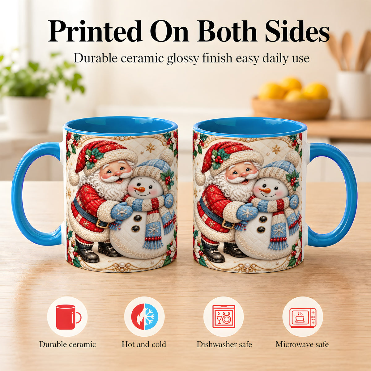 #pl[11oz|Blue] Santa Snowman Christmas Coffee Mug, Holiday Mug, Ceramic Cup