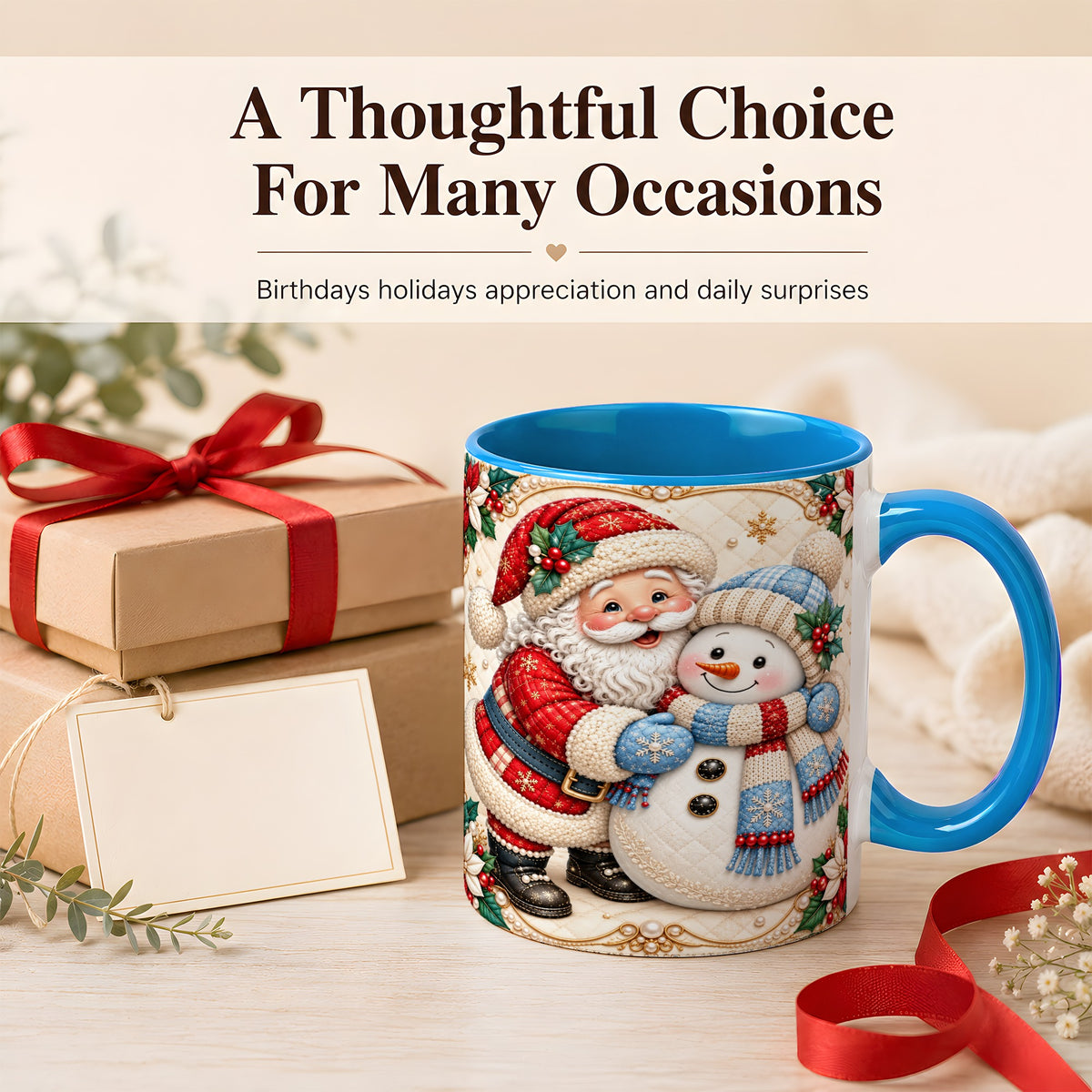 #pl[11oz|Blue] Santa Snowman Christmas Coffee Mug, Holiday Mug, Ceramic Cup