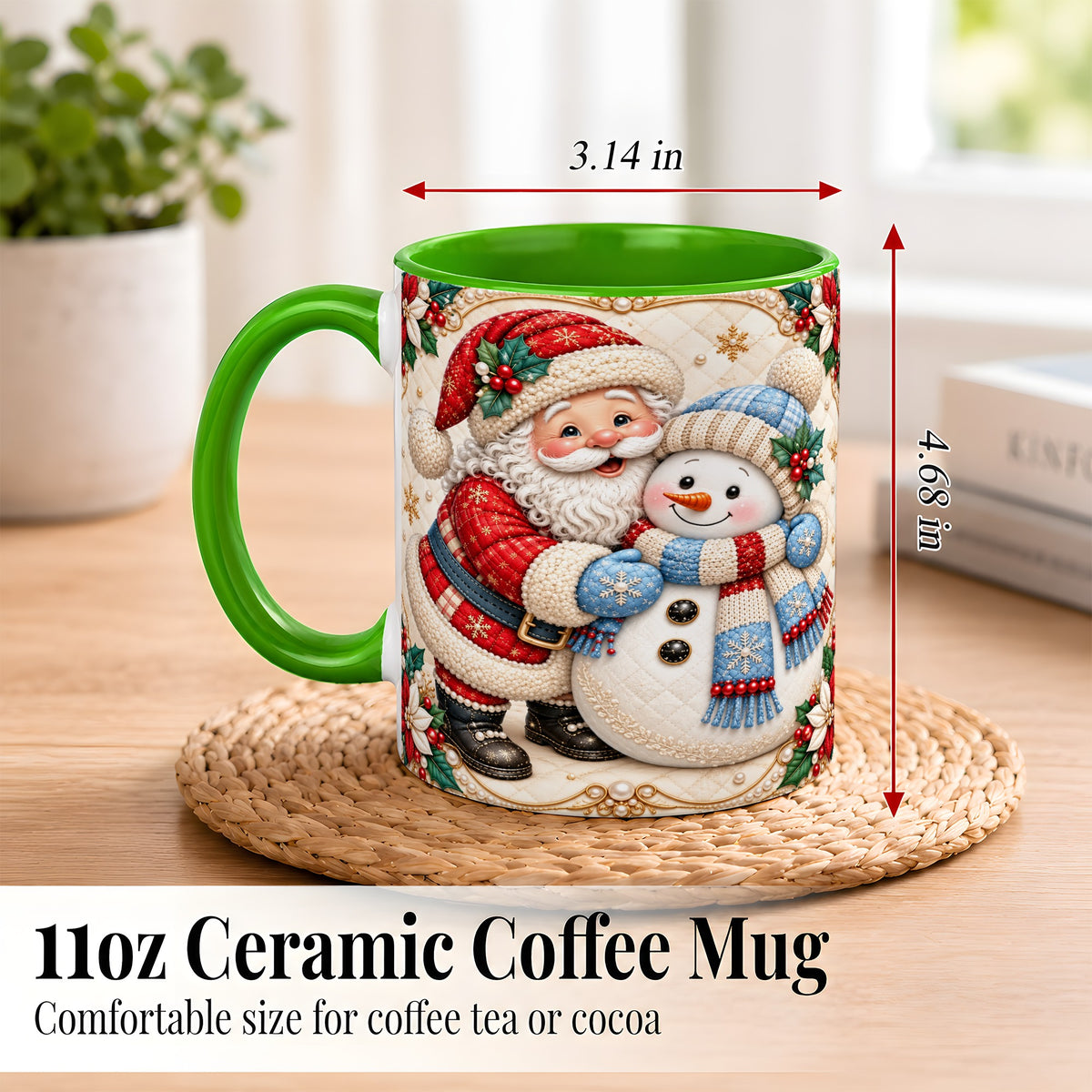 #pl[11oz|Green] Santa Snowman Christmas Coffee Mug, Holiday Mug, Ceramic Cup