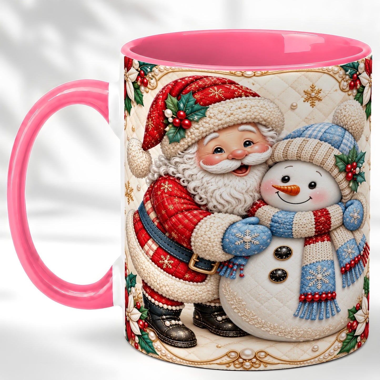 #pl[11oz|Pink] Santa Snowman Christmas Coffee Mug, Holiday Mug, Ceramic Cup