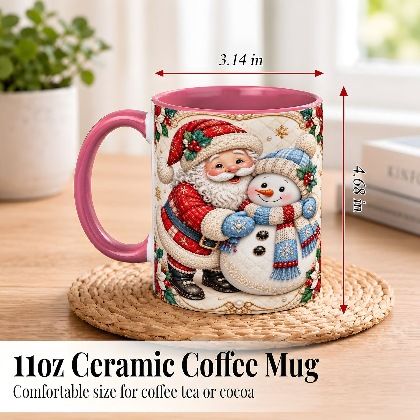 #pl[11oz|Pink] Santa Snowman Christmas Coffee Mug, Holiday Mug, Ceramic Cup