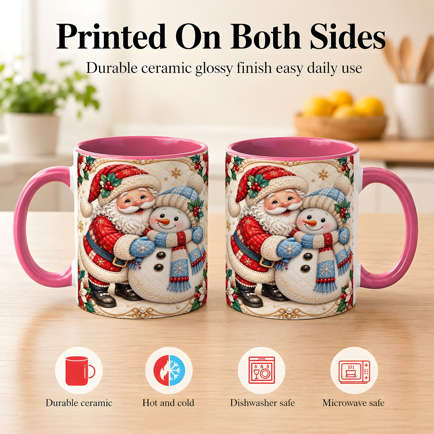 #pl[11oz|Pink] Santa Snowman Christmas Coffee Mug, Holiday Mug, Ceramic Cup