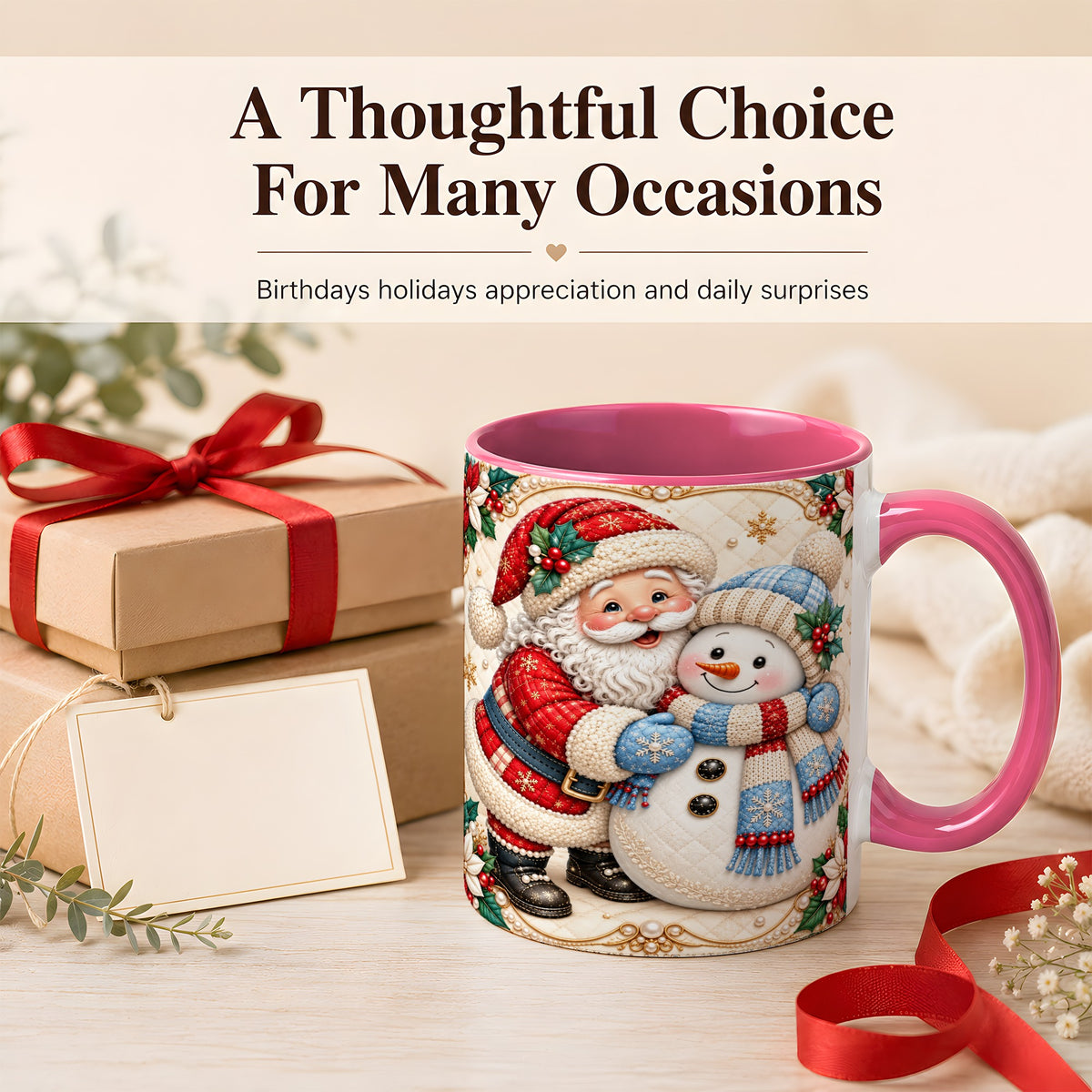 #pl[11oz|Pink] Santa Snowman Christmas Coffee Mug, Holiday Mug, Ceramic Cup