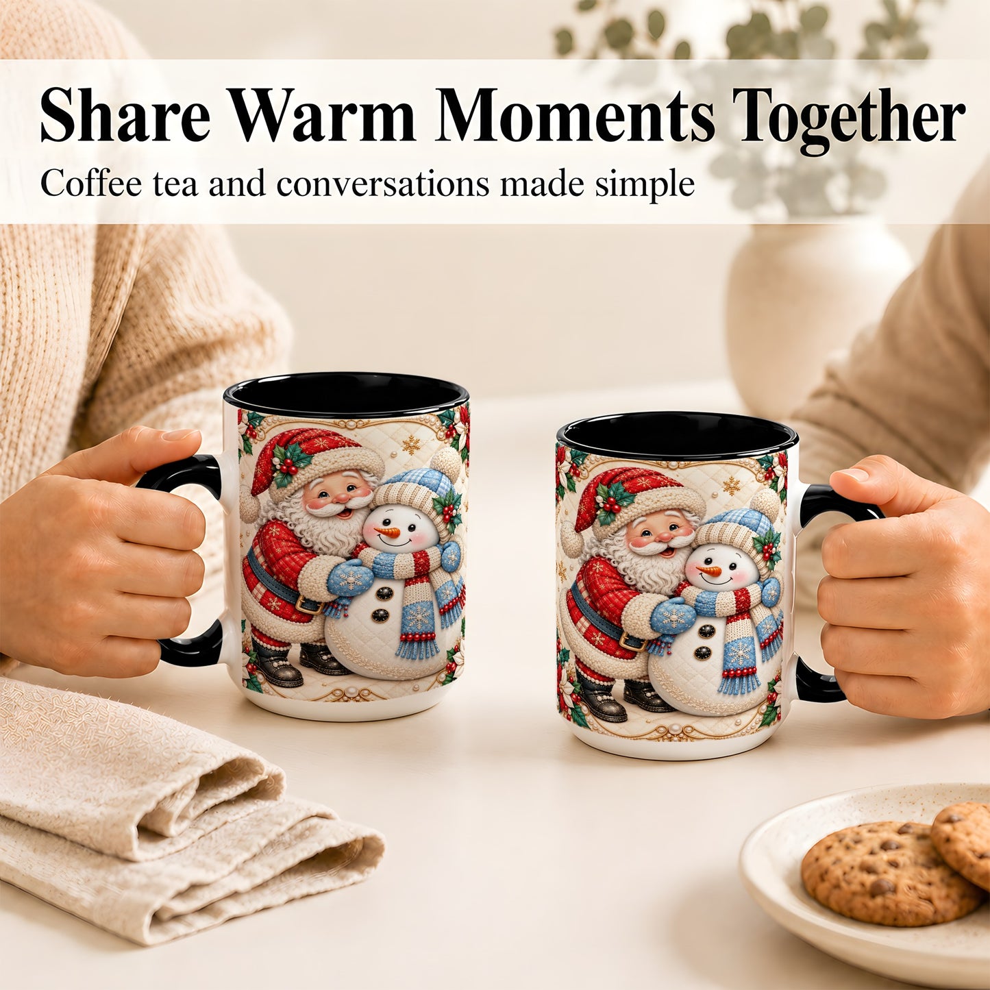 #pl[15oz|Black] Santa Snowman Christmas Coffee Mug, Holiday Mug, Ceramic Cup